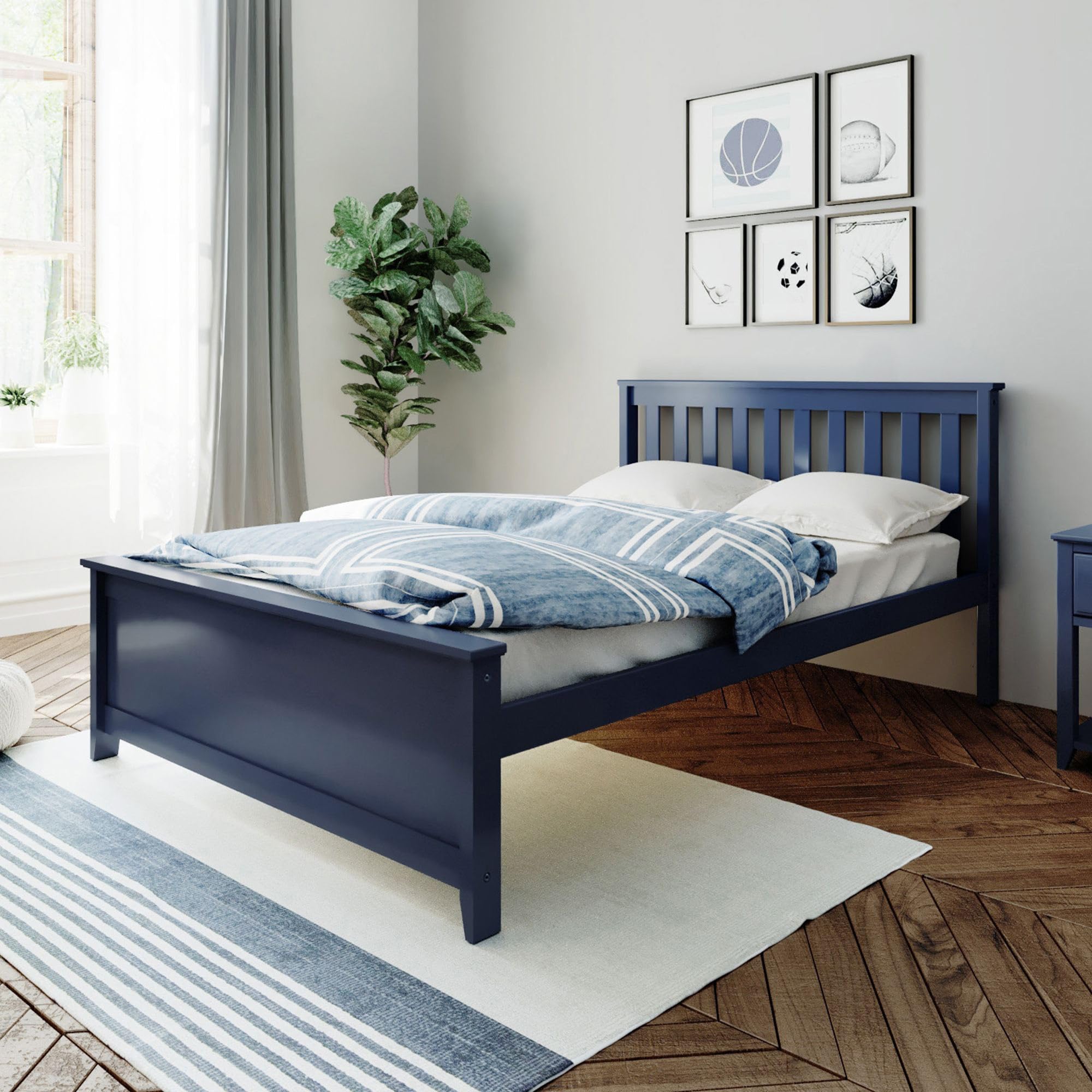 Max & Lily Full Size Wooden Bed Frame with Slatted Headboard - Solid Wood Platform Bed for Kids & Teens - No Box Spring Needed - Easy Assembly - Blue - Perfect for Bedrooms, Dorms & Guest Rooms