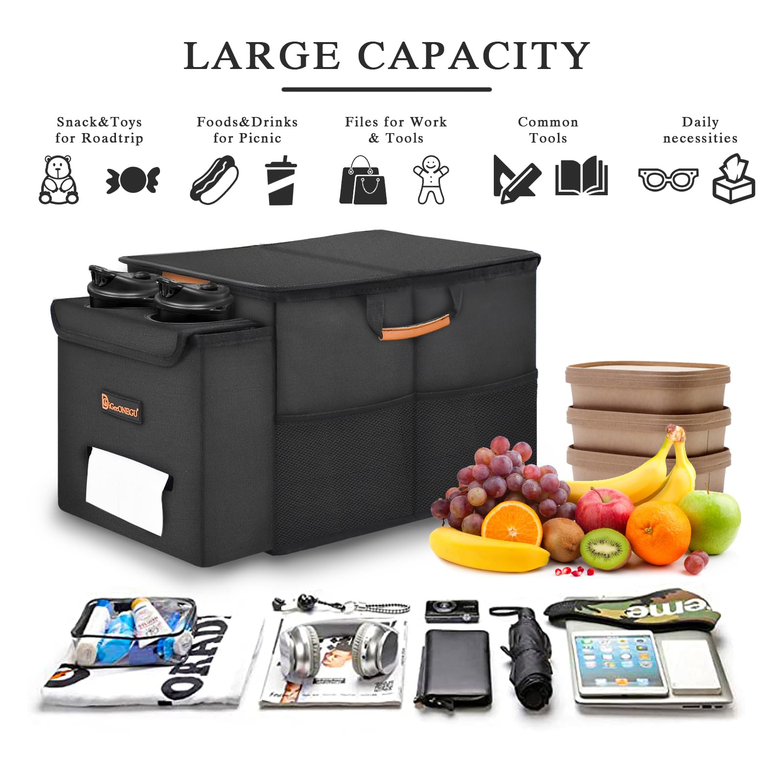 Car Seat Organizer with Cooler Compartment & Cup Holder - Black Multi-Pocket Car Storage Organizer for Front & Back Seats | Perfect for Road Trips, Family Travel & Kids' Toys Organization