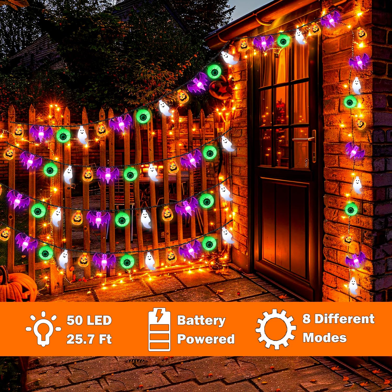 50LED Pumpkin Bat Ghost Eyeball Battery Operated String Lights - Waterproof Fairy Lights for Halloween Party, Home Window, Porch, Gate Decor - Indoor & Outdoor Halloween, Christmas, Garden, Wedding Decorations