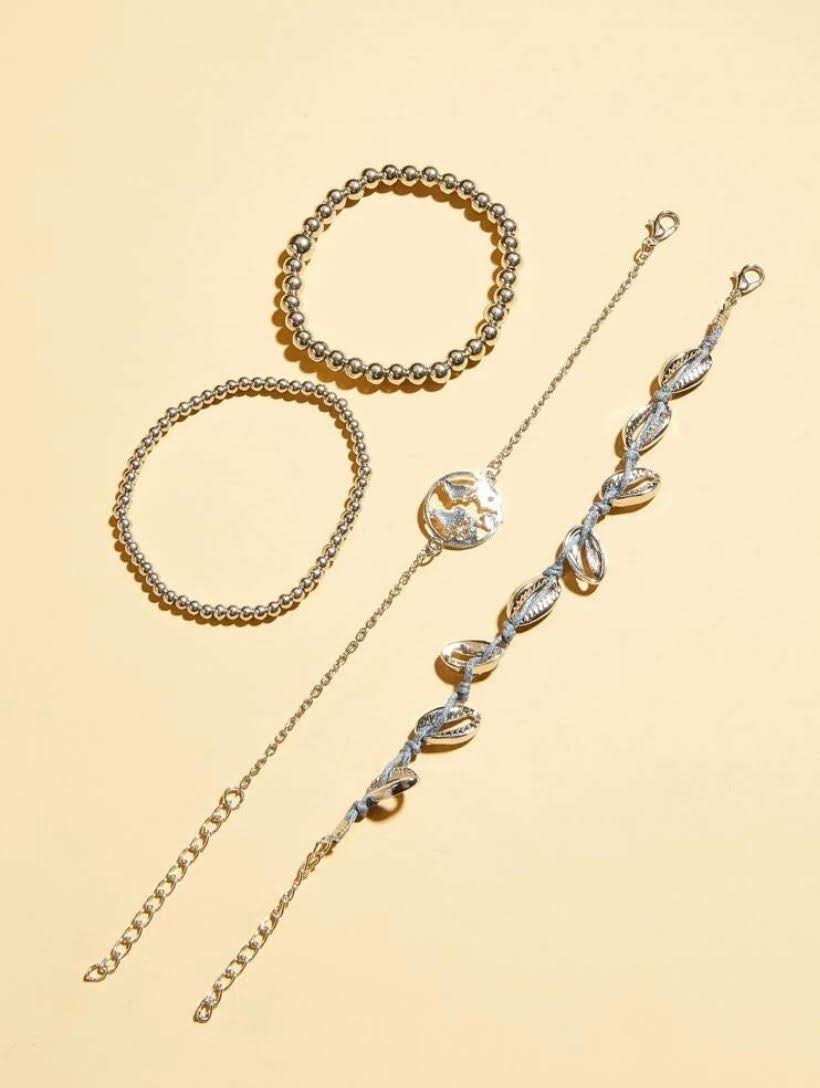 AFONiE Silver Ocean World Beaded Bracelet Set for Women - Adjustable Bohemian Charm Link Pendant Stackable Bracelets - Perfect for Wedding, Birthday, Party, Gift for Friends & Family - 4 Piece Jewelry Set - Ideal for Boho Fashion, Beach Outfits & Everyday Wear