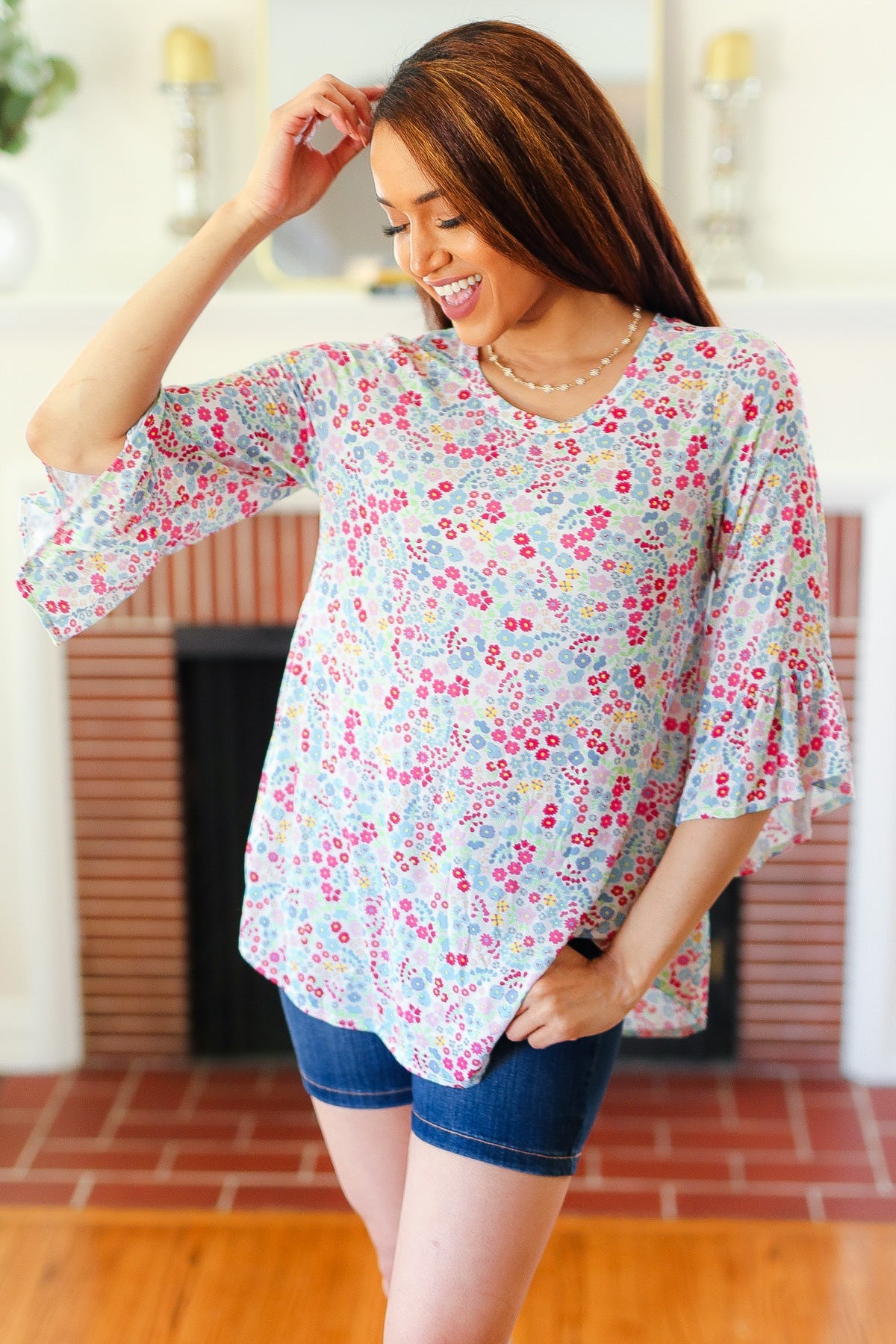 Blue Floral Print Ruffle Three Quarter Sleeve Blouse - Women's Fashion Tops for Spring & Summer | Perfect for Office, Date Night & Casual Outings