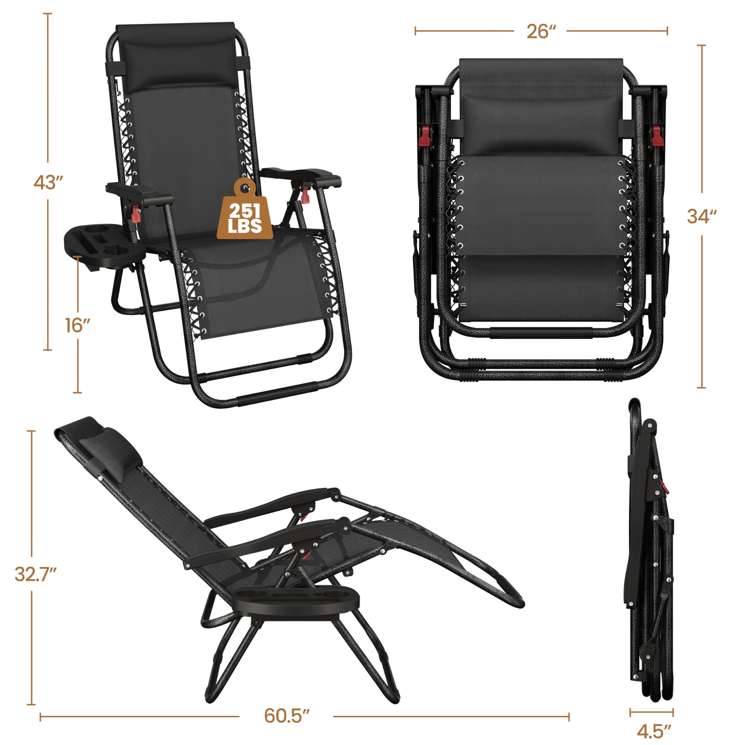 Yaheetech Zero Gravity Reclining Lounge Chairs Set of 2 - Adjustable Folding Outdoor Patio Chairs with Pillows, Cup Holders & Carry Straps - Perfect for Backyard, Beach, Poolside & Camping Relaxation