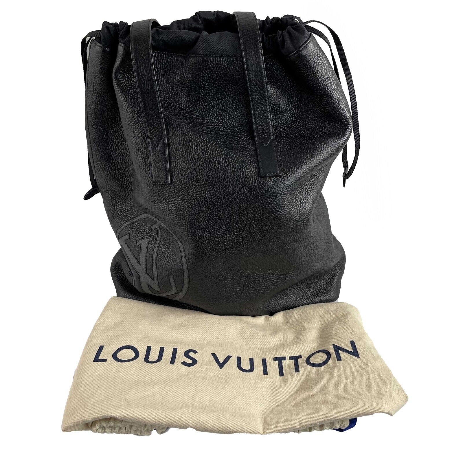 Authentic Louis Vuitton Cabas Light Drawstring Bag in Black Leather with LV Initials - Perfect for Travel, Shopping & Everyday Luxury Accessory
