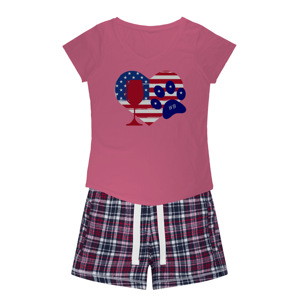 WineyBitches.Co American Wine Heart Paw Print Sleep T-Shirt & Flannel Shorts Set - Cute Pajamas for Women, Girls Night In, Wine Lovers Gift