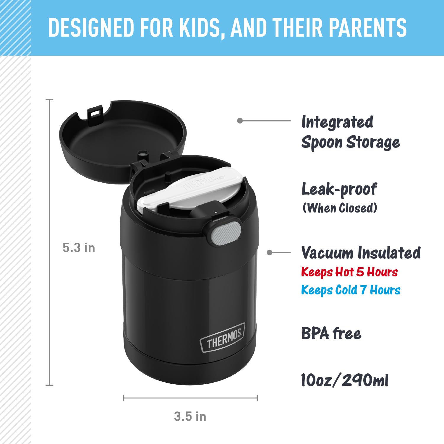 THERMOS FUNTAINER 10oz Insulated Food Jar for Kids - Leak Proof Stainless Steel Lunch Container with Foldable Spoon - Perfect for School Lunches, Picnics & Travel (Black)