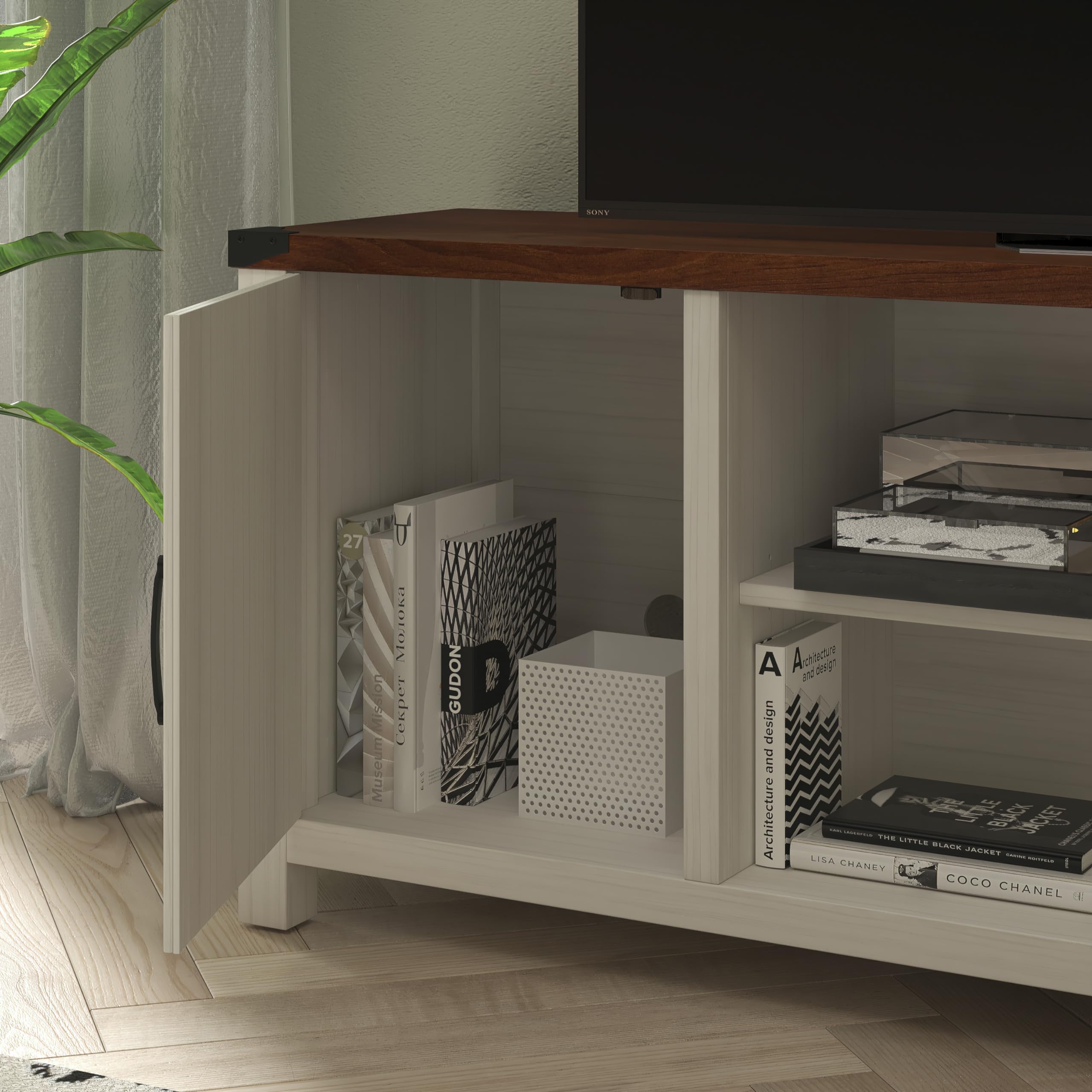 Modern Farmhouse Barn Door TV Stand - White Wash 59 Inch Entertainment Center for 65 Inch TVs - Adjustable Middle Shelf - Perfect for Living Room, Bedroom & Home Theater Decor