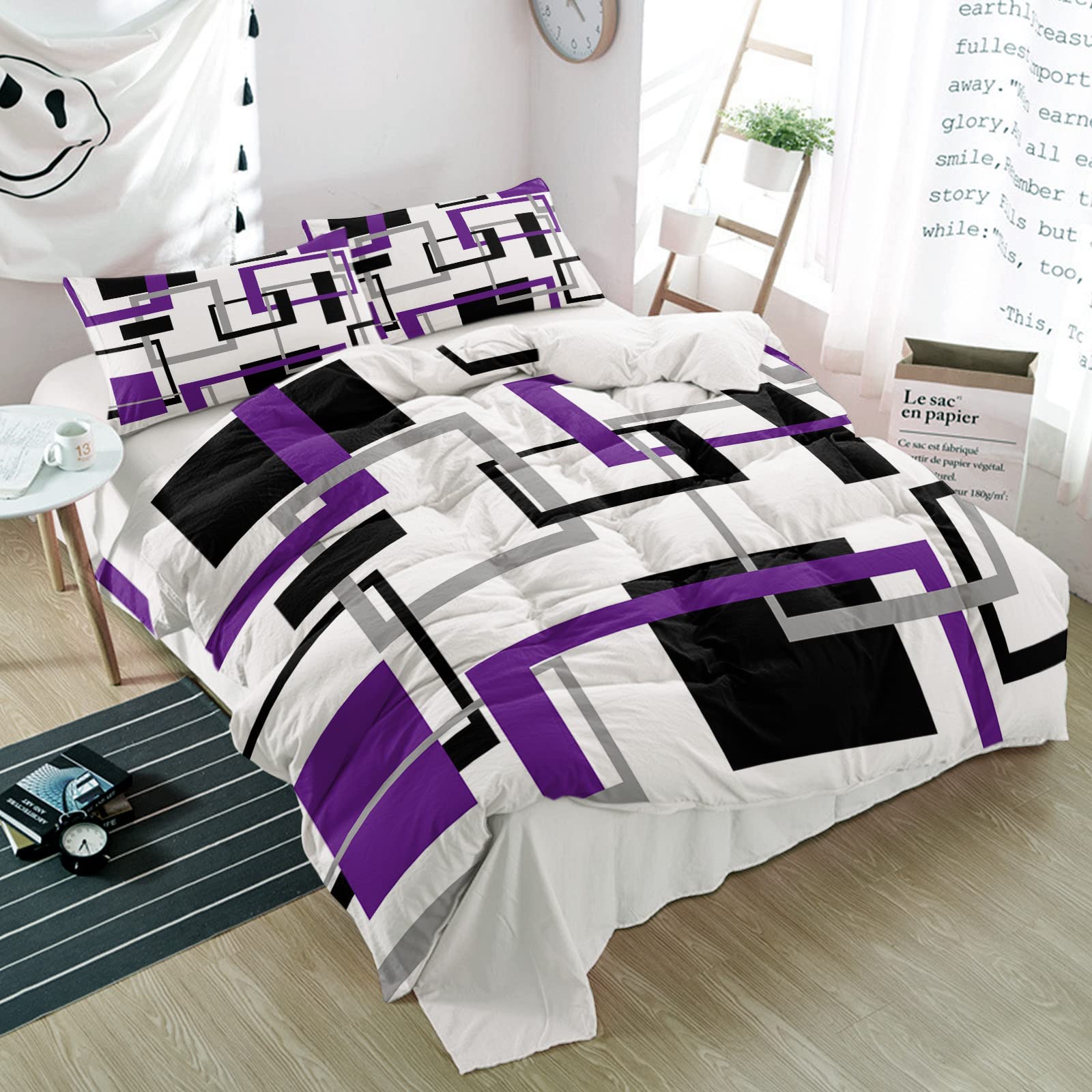Possta Decor 3-Piece Purple Color Block Abstract Striped Geometric Duvet Cover Set - Soft Microfiber Quilt Cover & Pillowcases, Grey & White Modern Art Bedding for Twin Bed | All-Season Comfort for Bedroom, Guest Room & Dorm Decor