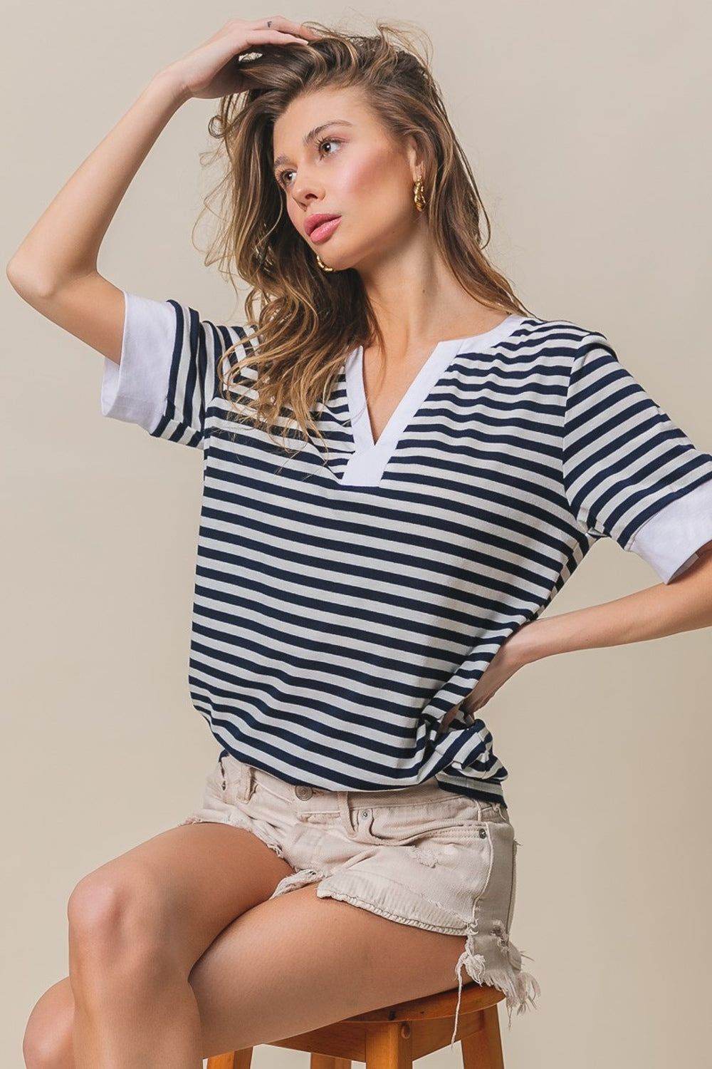 Stylish BiBi Contrast Striped Notched Knit Top for Women | Trendy Casual & Office Wear | Perfect for Layering, Date Nights & Fall Outfits