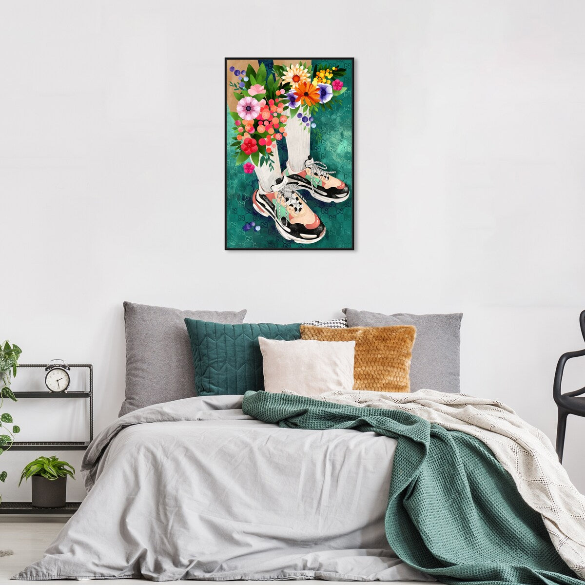 Stylish Floral Sneakers & Socks Set with Modern Green Framed Canvas Wall Art - Perfect for Bedroom Decor and Fashion Outfits | Home & Fashion Combo