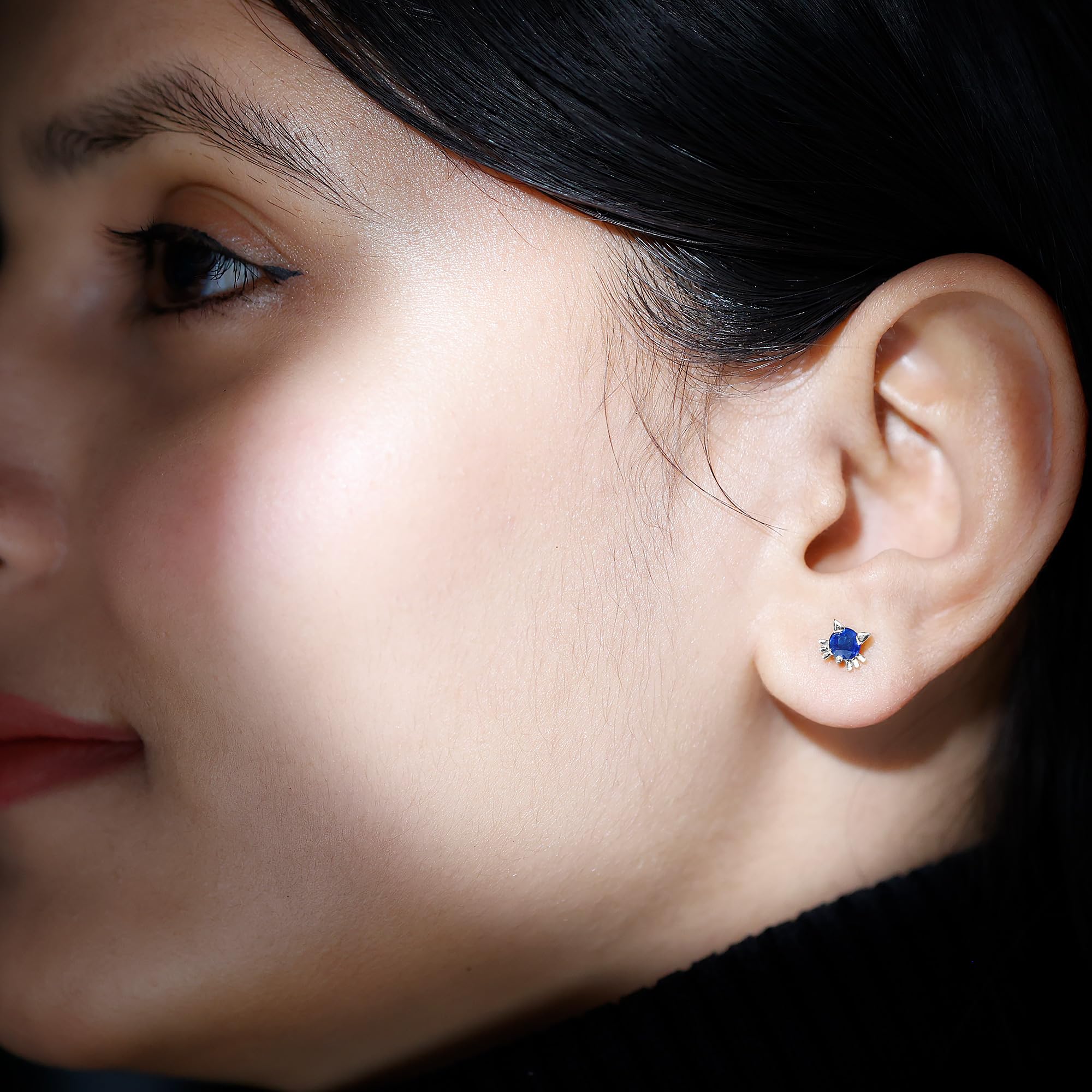 Natural Blue Sapphire Cat Stud Earrings - AAA Quality Gemstone Kitty Earrings with Secure Screw Back - Perfect Gift for Women & Girls - Elegant Jewelry for Parties, Dating & Everyday Wear