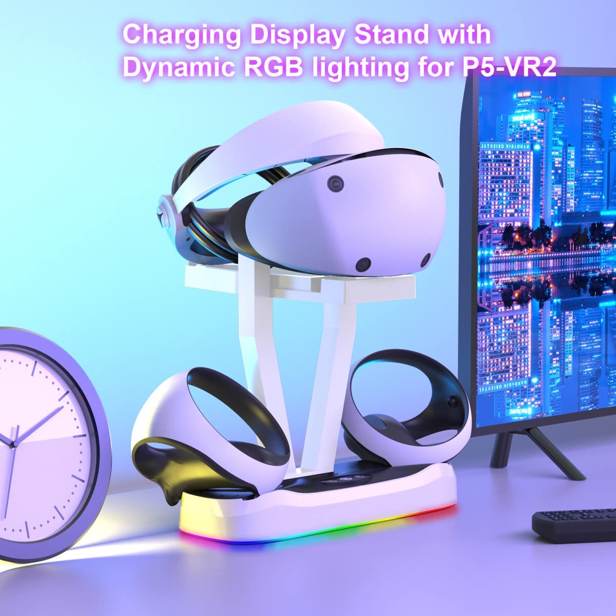 EMEBAY RGB Light Charging Station & Stand for PS VR2 - Dual Controller & Headset Charger with LED Indicators - Compatible with Play*Station PS VR2 - Perfect for Gaming Setup & VR Accessories Organization