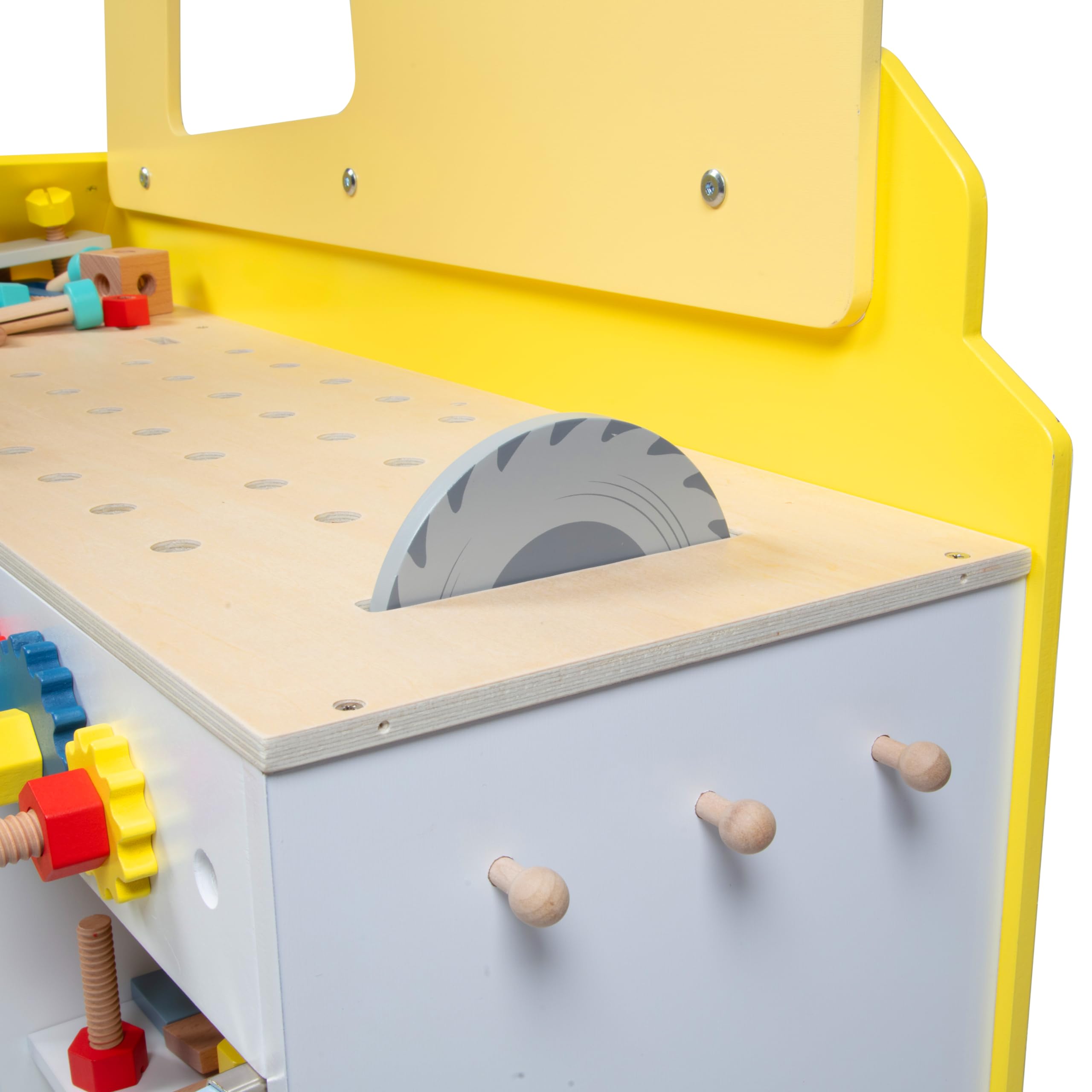 Construction Truck Wooden Playset with 60+ Toy Pieces - Pretend Play Hammer, Saw, Bolts & Screws - Spinning Turn Saw & Steering Wheel - Dual-Sided Play Stand & Workbench - Perfect Kids Gift for Building & Pretend Play - Great for Indoor Playtime & STEM Learning