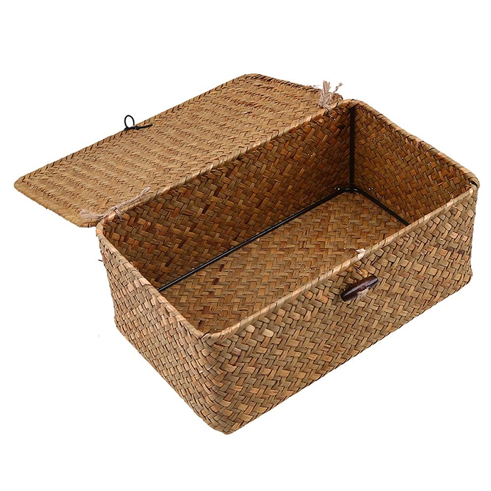 EEQEMG Handmade Seagrass Woven Storage Basket with Lid - Natural Seaweed Organizer Box for Bathroom, Cosmetics, Towels & Home Decor - Perfect for Bathroom Organization, Bedroom Storage & Gift Giving
