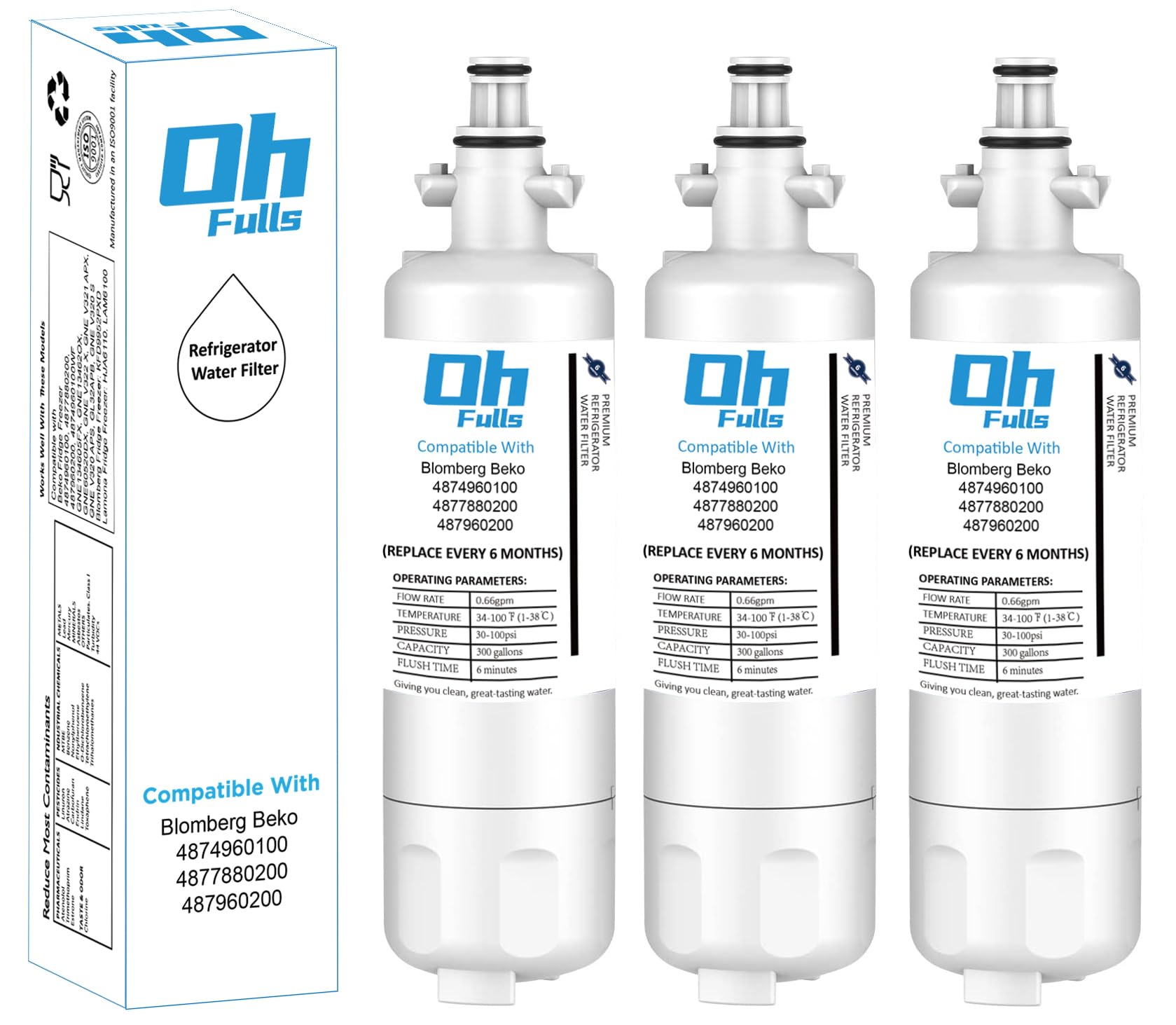 OHFULLS 3-Pack Refrigerator Water Filter Replacement for Blomberg Beko 4874960100 - NSF Certified, Easy Installation, Pure Drinking Water for Home & Kitchen Use
