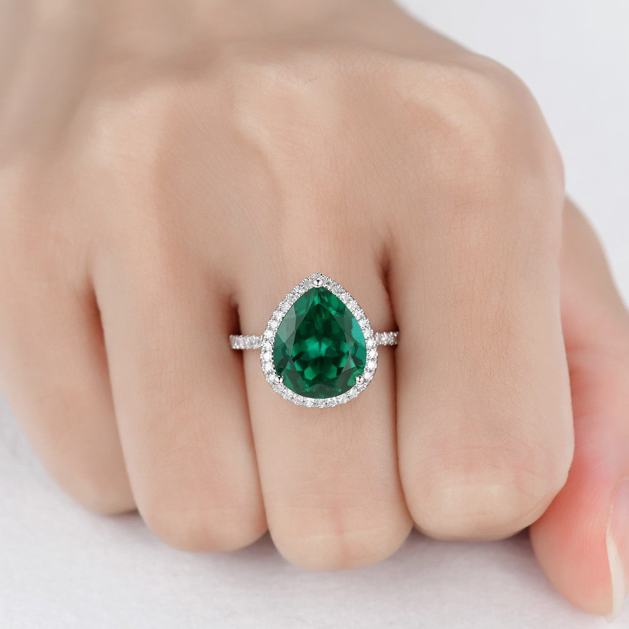 3 Carat Green Emerald Statement Ring - 10x12mm Pear Teardrop Shape Women's Cocktail Ring for Wedding, Party & Special Occasions