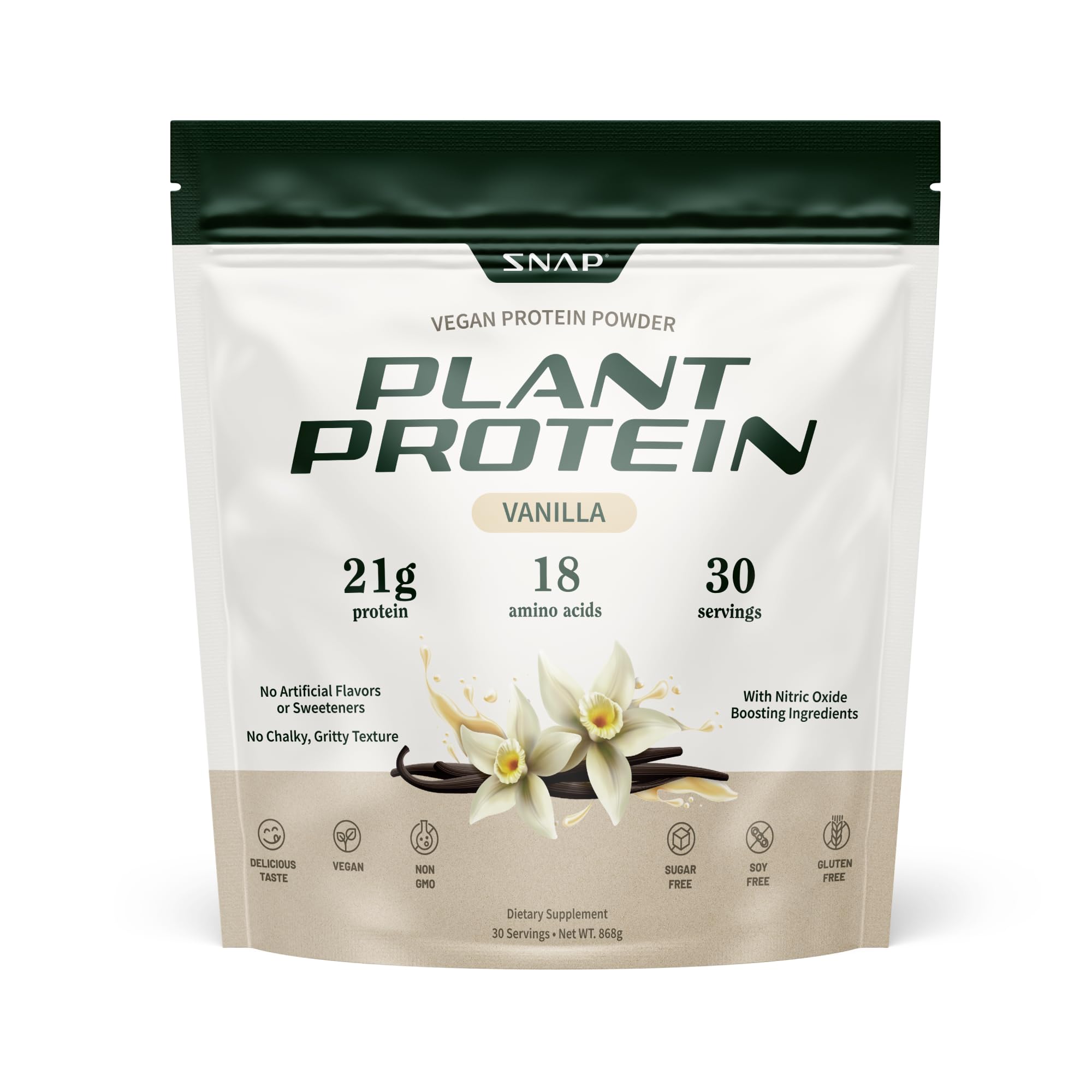 Organic Vegan Protein Powder with Nitric Oxide Boost - Vanilla Bean Flavor, BCAA Amino Acids for Muscle Growth, Performance & Recovery - 30 Servings | Plant-Based Protein Supplement for Athletes, Workout & Post-Training Recovery