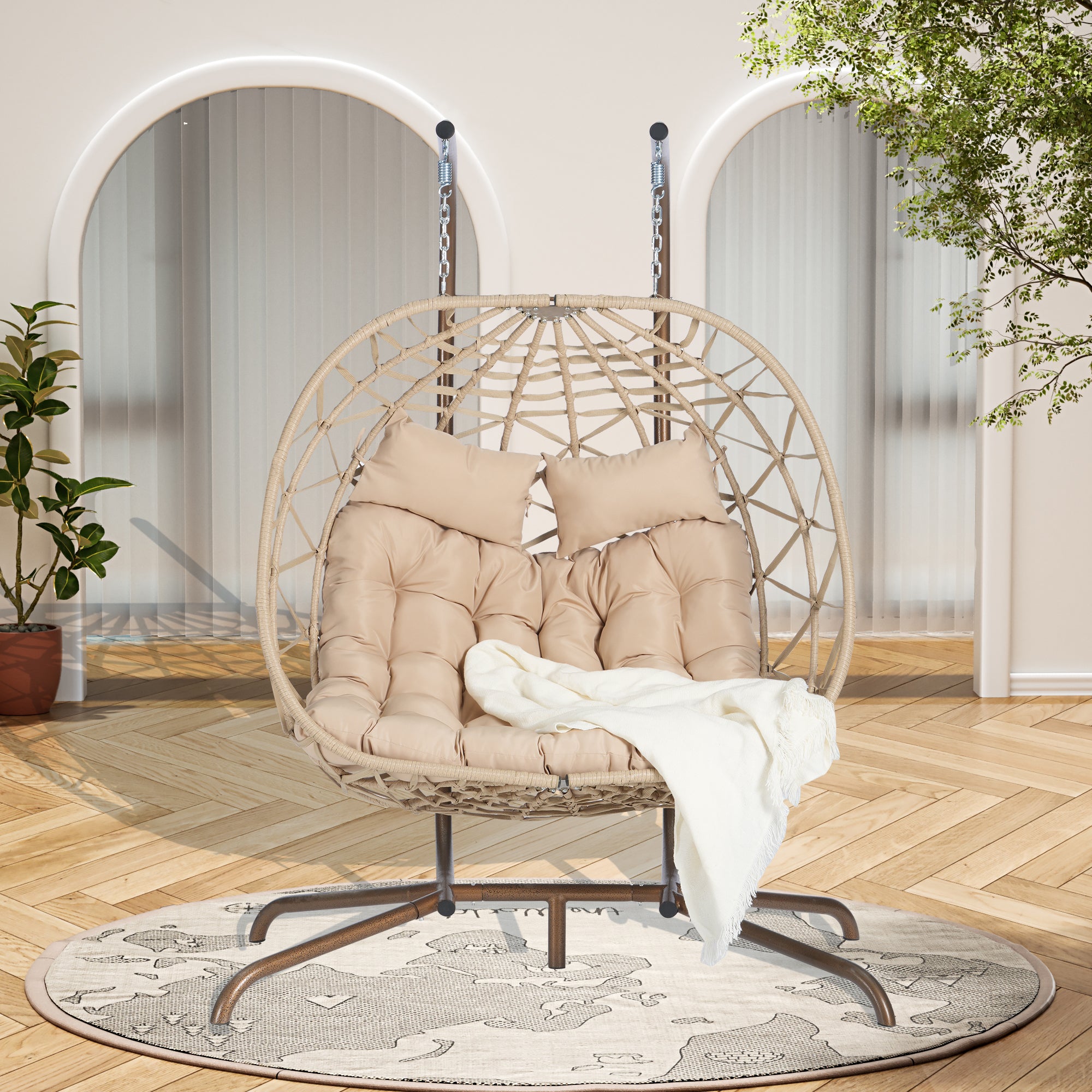 Double Egg Chair with Stand - Indoor/Outdoor Wicker Rattan Hanging Swing Chair with UV-Resistant Cushions (600 lbs Capacity) - Perfect for Bedroom, Balcony, Patio, Garden & Backyard Relaxation
