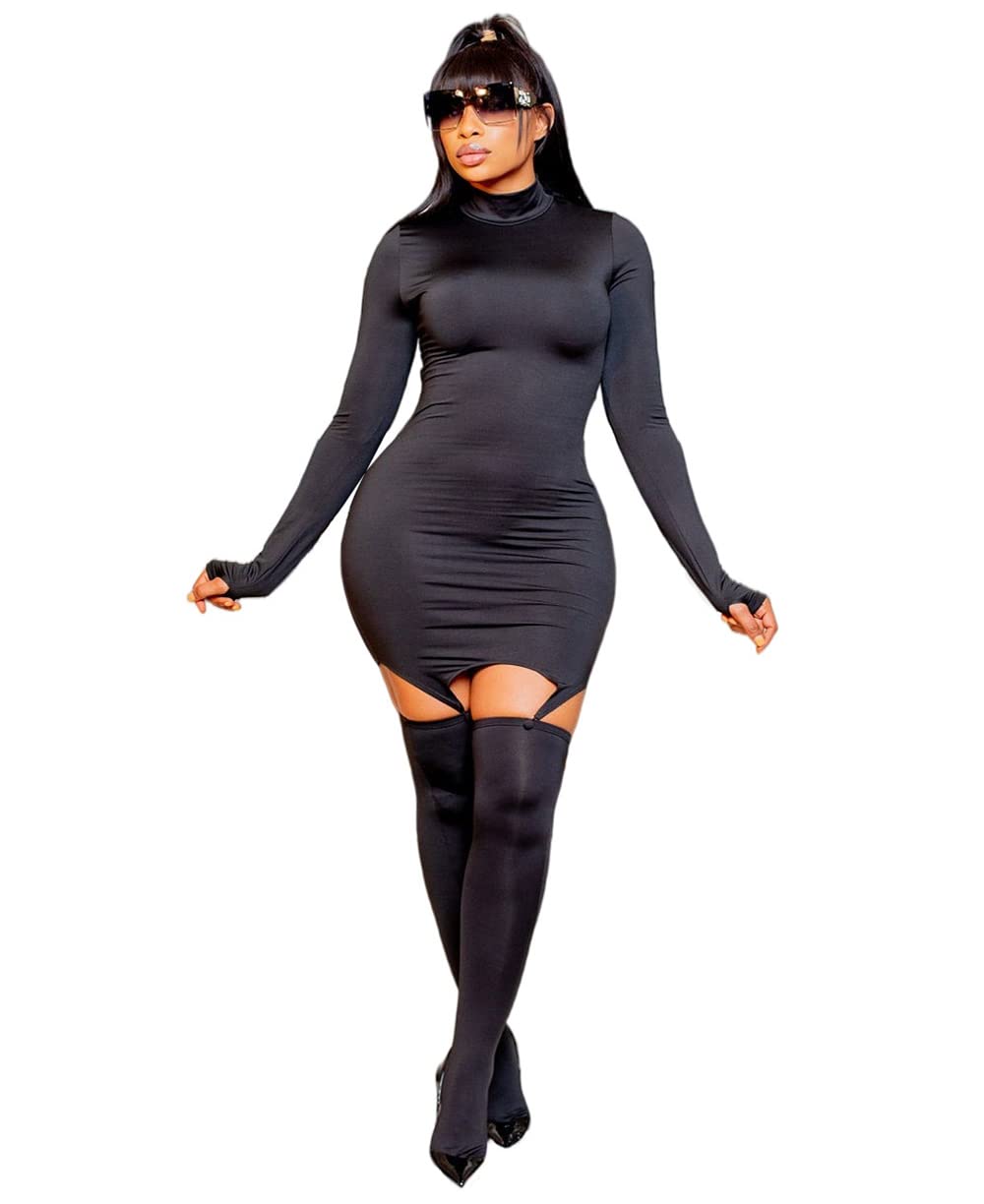 BYDIVA 2021 Long Sleeve Bodycon Garter Mini Dress with Stockings - Sexy Slim Fitted Clubwear for Women, Perfect for Night Out, Party, or Date Night