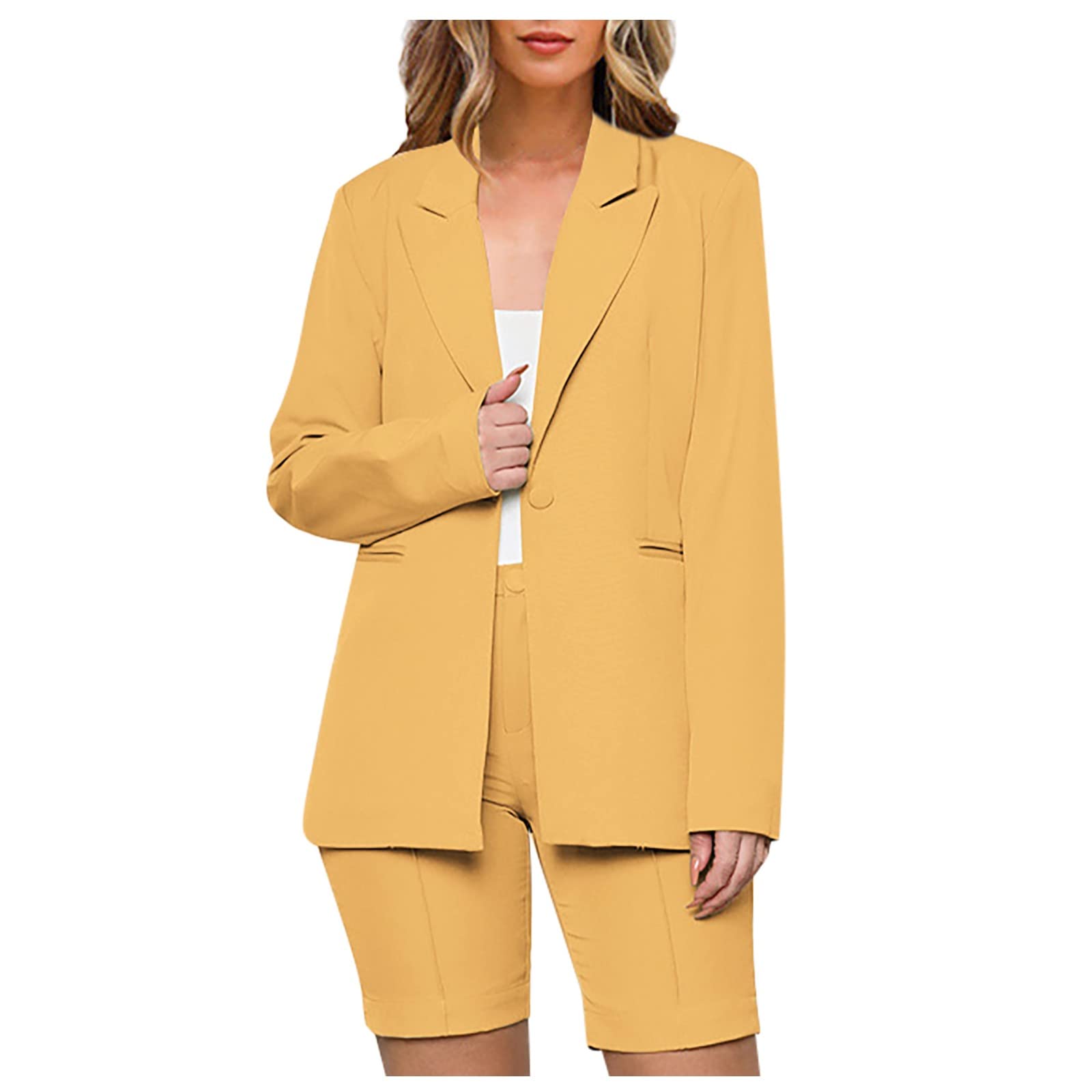 Stylish Women's 2-Piece Outfit Set - Long Sleeve Blazer & Short Pants with Pockets | Casual Office Wear & Summer Outfits for Women | Perfect for Work, Dating & Vacation