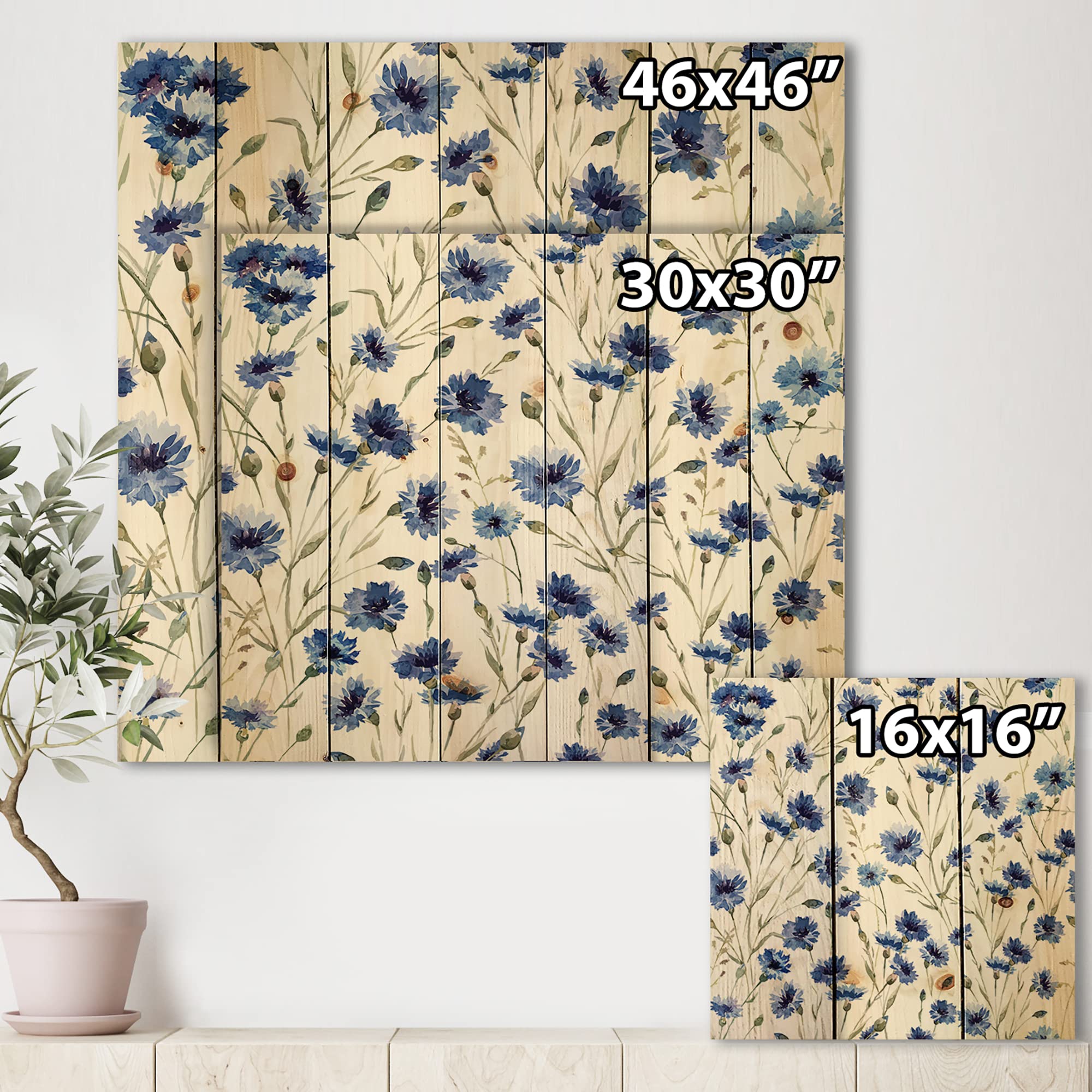 Blue Wildflowers with Green Leaves Traditional Wood Wall Art - Large Floral Pine Wood Decor Panel for Living Room, Bedroom & Office | Handcrafted Natural Wood Wall Hanging