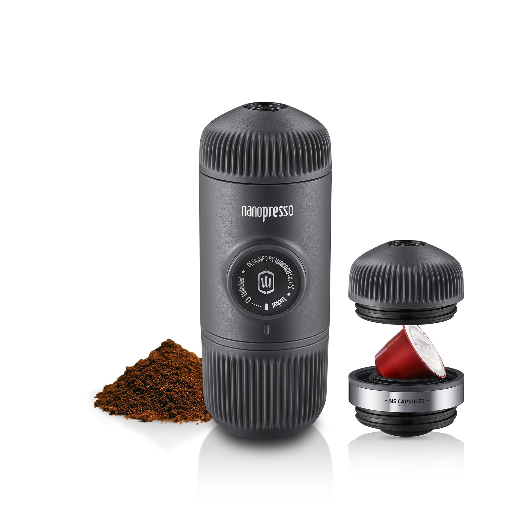 WACACO Nanopresso Portable Espresso Maker with NS Adapter - Hand Pump Travel Coffee Machine for Nespresso Capsules & Ground Coffee - Perfect for Camping, Hiking & Outdoor Adventures