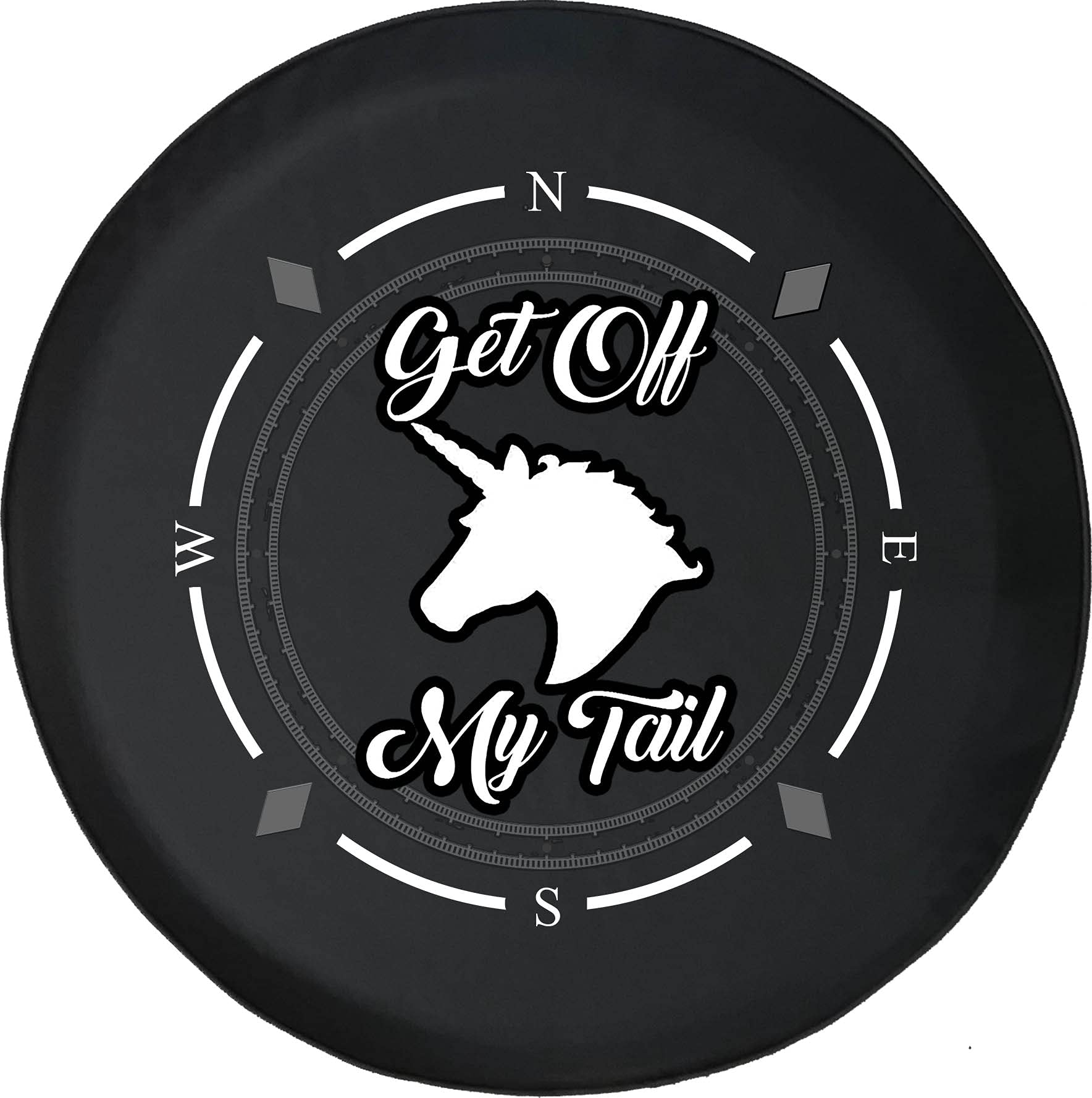 American Unlimited Spare Tire Cover with Compass Design - 'Get Off My Tail' Unicorn Wheel Cover for SUV, Trailer, RV & Multiple Vehicles - Perfect for Road Trips, Camping & Outdoor Adventures
