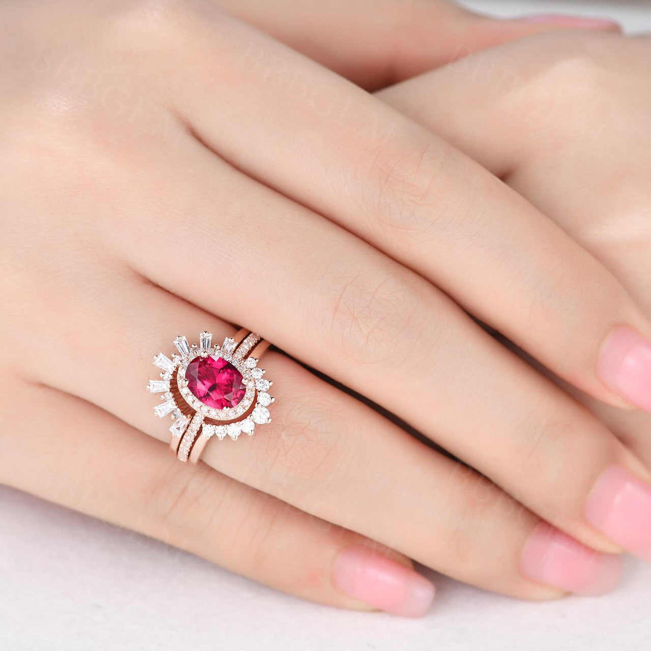 3-Piece Vintage Red Ruby Ring Set for Women - 18k Rose Gold Oval Halo Cocktail Rings | Elegant Jewelry Gift for Anniversary, Birthday & Special Occasions