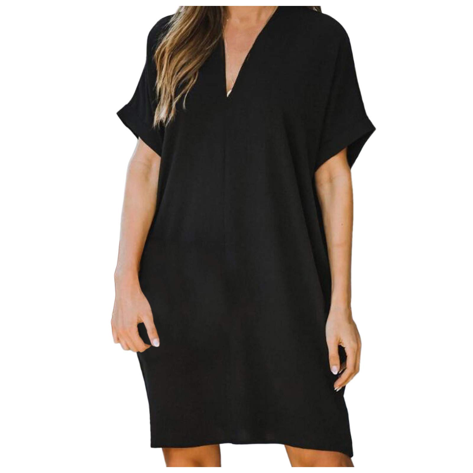 Plus Size Women's Casual V-Neck Short Sleeve Midi Dress - Solid Black Flowy Dress for Everyday Wear, Office & Date Night