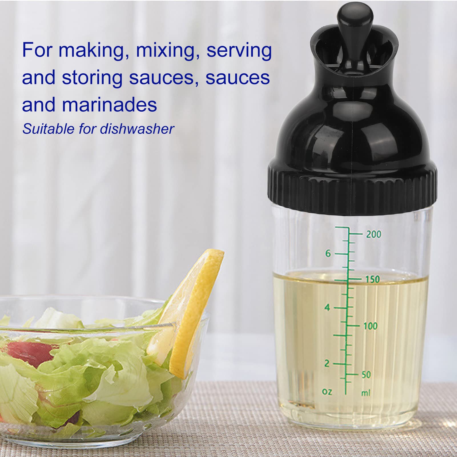 200ml Leak-Proof Salad Dressing Shaker Bottle with Lid - BPA-Free Oil & Vinegar Container for Kitchen, BBQ, Picnics - Perfect for Salad Dressings, Soy Sauce, Olive Oil & Seasonings (Black)