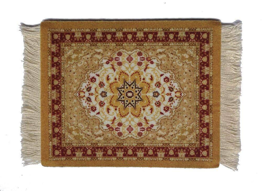 Oriental Design Fabric Carpet Coasters Set of 4 - Non-Slip Drink Mats with Tassels for Coffee Tables, Yellow Pattern | Perfect for Home Decor, Tea Parties & Protecting Furniture