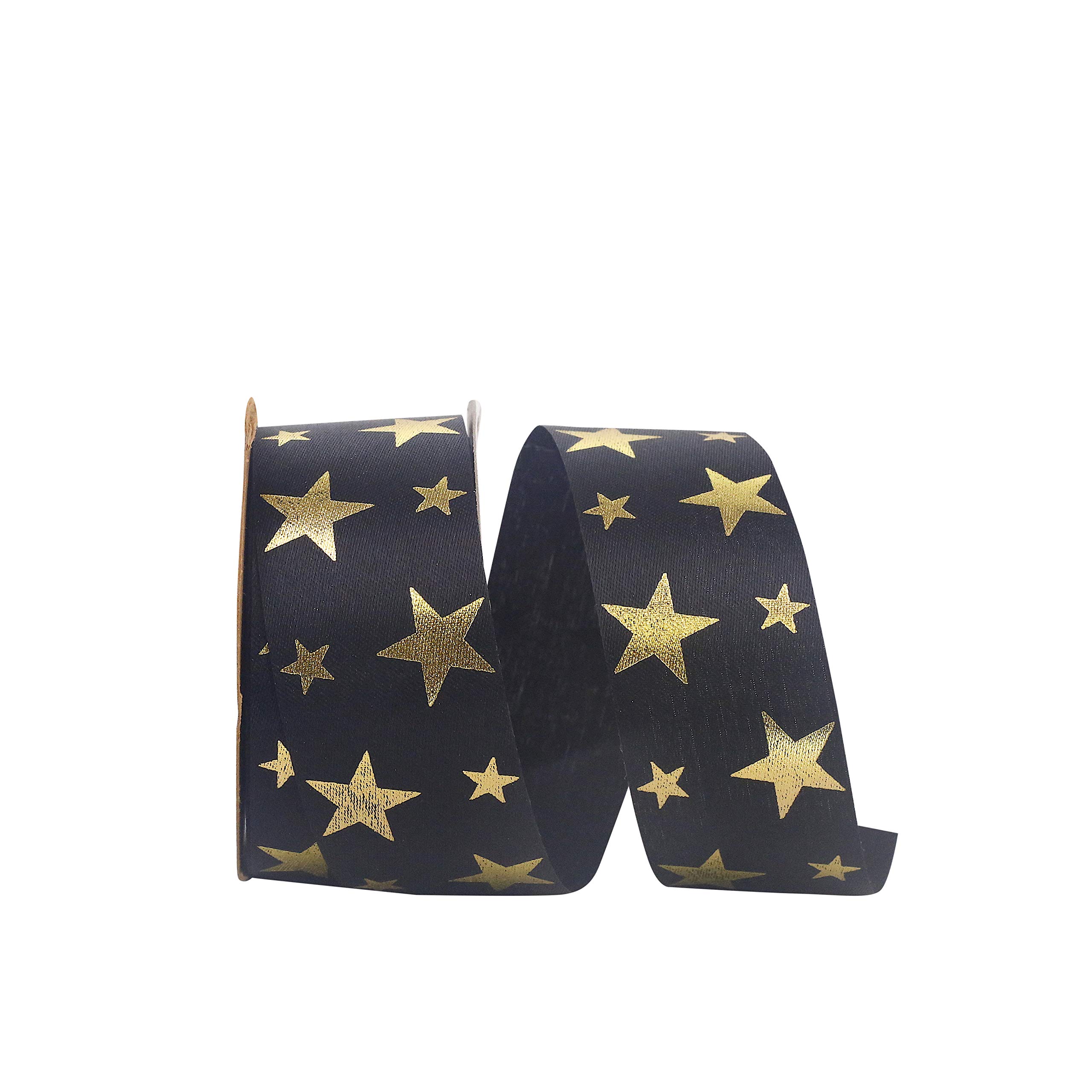 Reliant Ribbon Startime Ribbon - 1-3/8 Inch x 25 Yards Decorative Ribbon for Gift Wrapping, Crafts, Party Decorations - Black and Gold Color