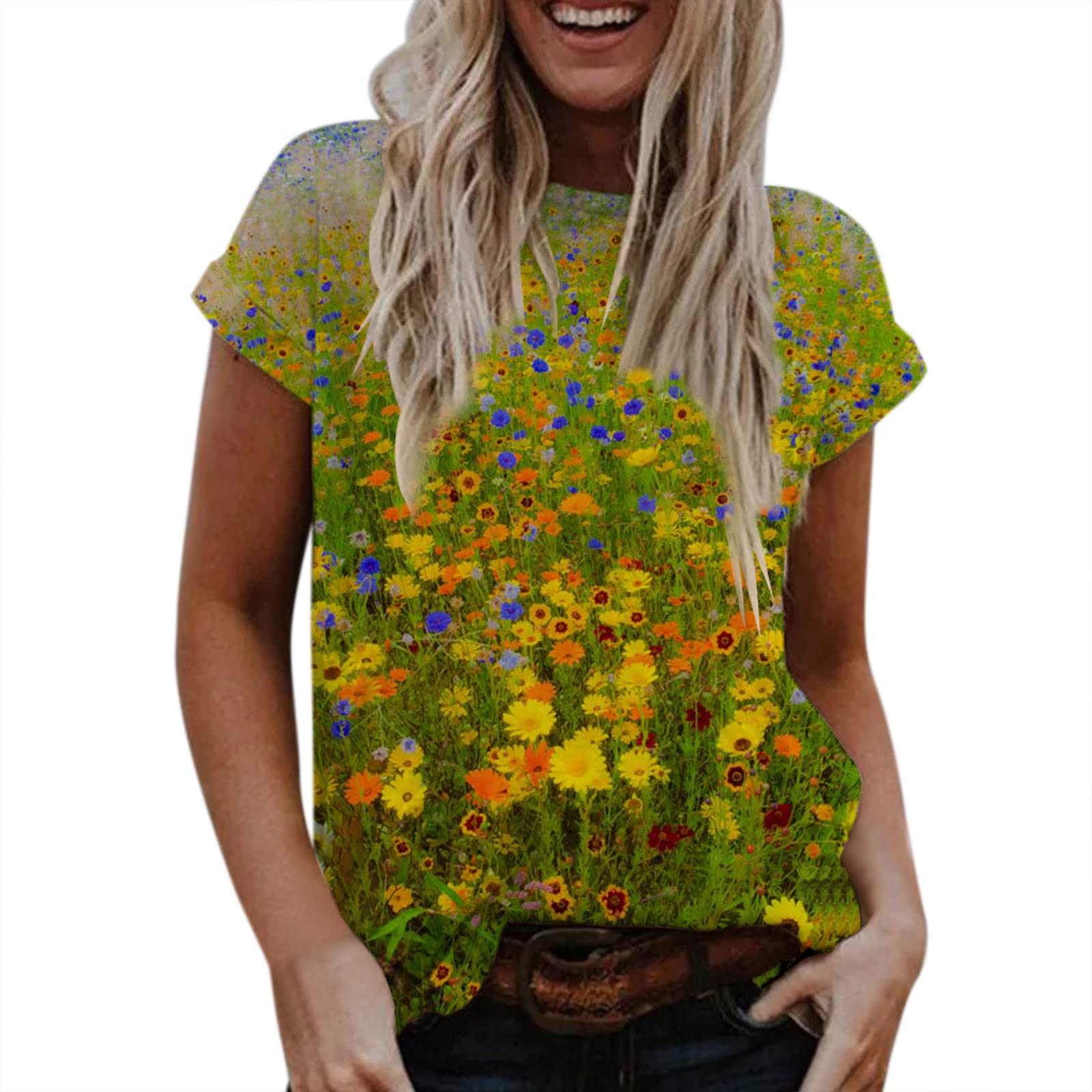 Women's Floral Printed Short Sleeve T-Shirt - Casual Summer Round Neck Loose Fit Tee for Women | Perfect for Beach Outings, Weekend Brunch & Vacation Wear