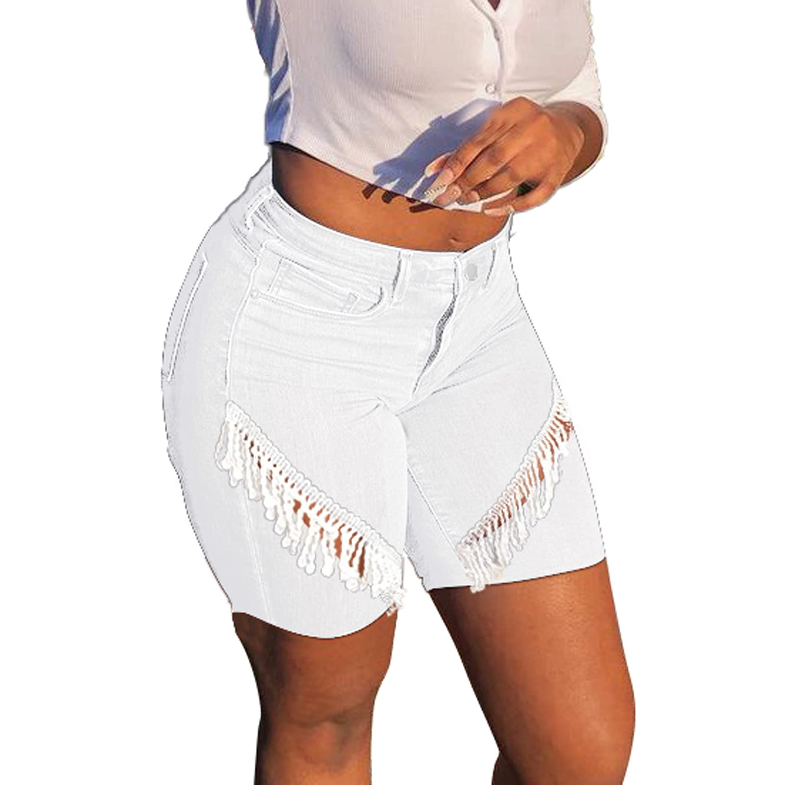 Women's Casual Denim Shorts with Lace Trim, Frayed Raw Hem & Ripped Details - Fashionable Summer Cowboy Shorts for Outdoor Activities, Beach Vacations & Street Style