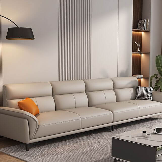 Modern Dove Grey Scratch-Resistant Solid Color Cow Leather Upholstered 4-Seater Sofa with 2 Pillows - Perfect for Living Room, Lounge, and Office Spaces