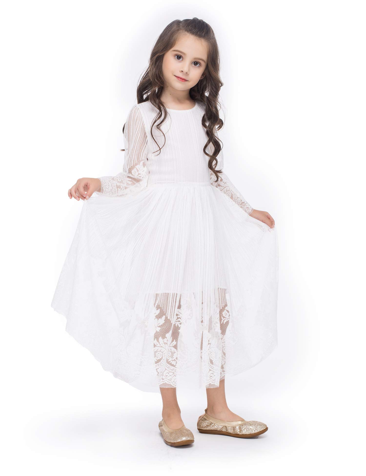 Girls Lace Floral Dress - Long Sleeve Midi Communion Dress for Flower Girls, First Communion, Birthday Party & Wedding | Perfect for Special Occasions & Formal Events