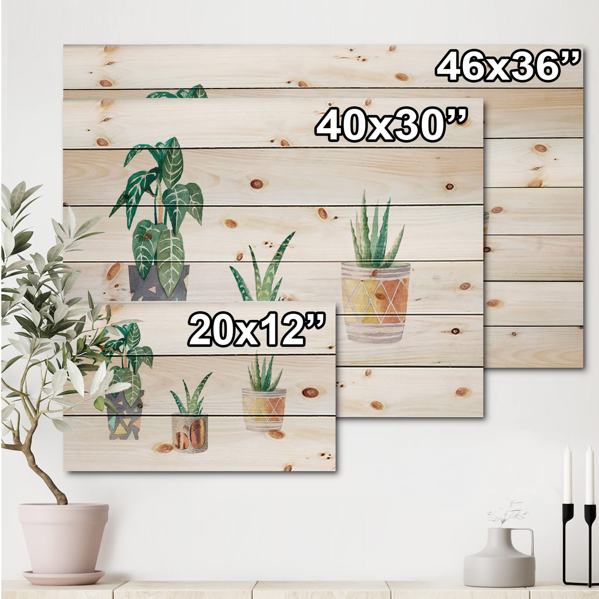 DesignQ Three Potted Houseplants Wood Wall Decor - Traditional Green Floral Wall Art Panels - Large Natural Pine Wood Art for Living Room, Bedroom & Office Decor