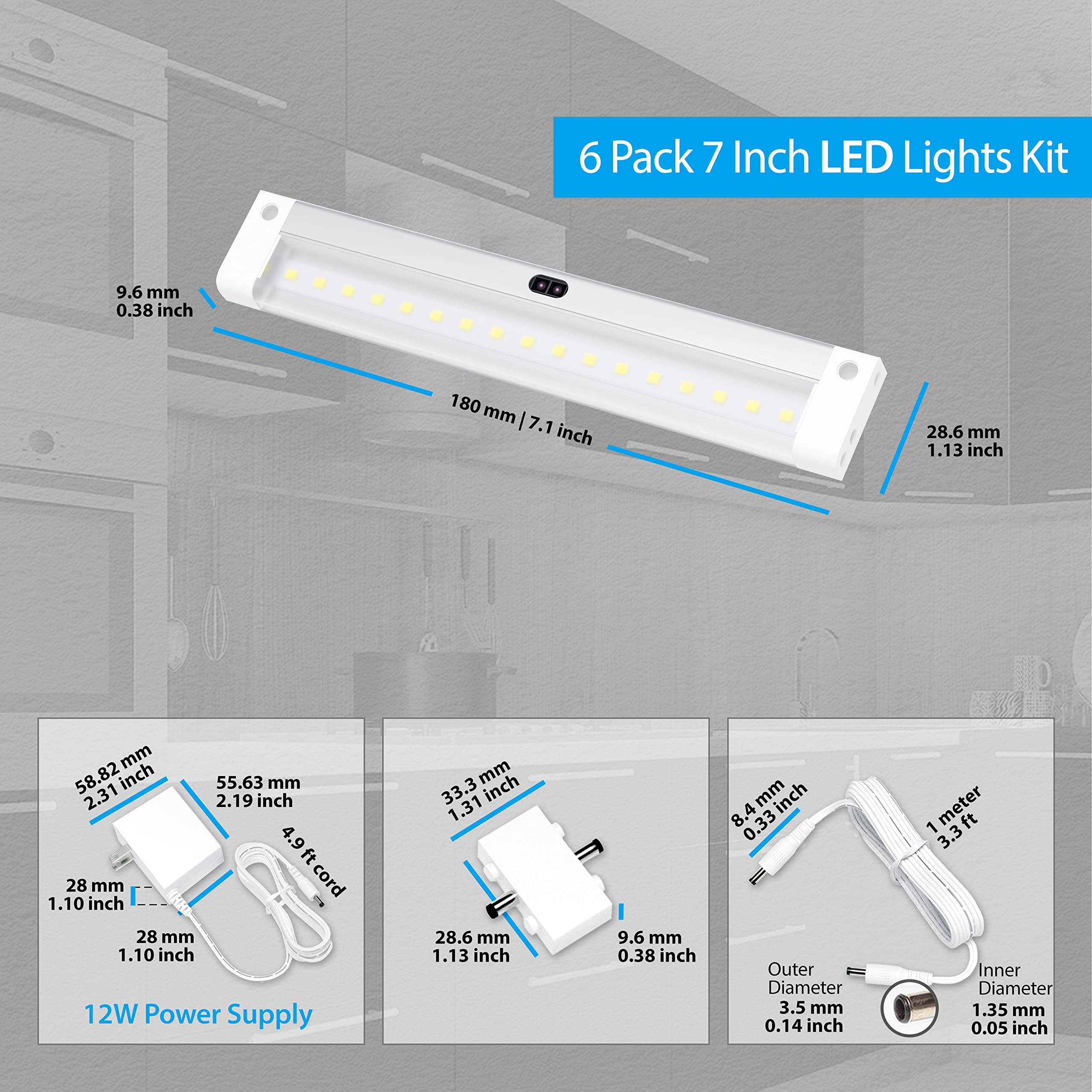 EShine 6-Pack 7-Inch Under Cabinet LED Lighting Kit - Hand Wave Activated, Dimmable Touchless Control - Cool White (6000K) - Perfect for Kitchen Countertops, Garage Workbenches, Office Desks & Home Decor Lighting