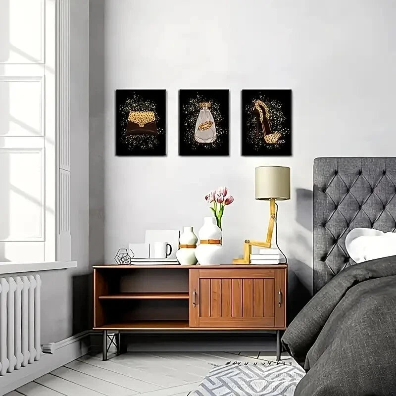 3-Piece High Heels Perfume Wall Art with Leopard Metal Print - Ready to Hang Decor for Bedroom, Bathroom & Fashion Lover Gift