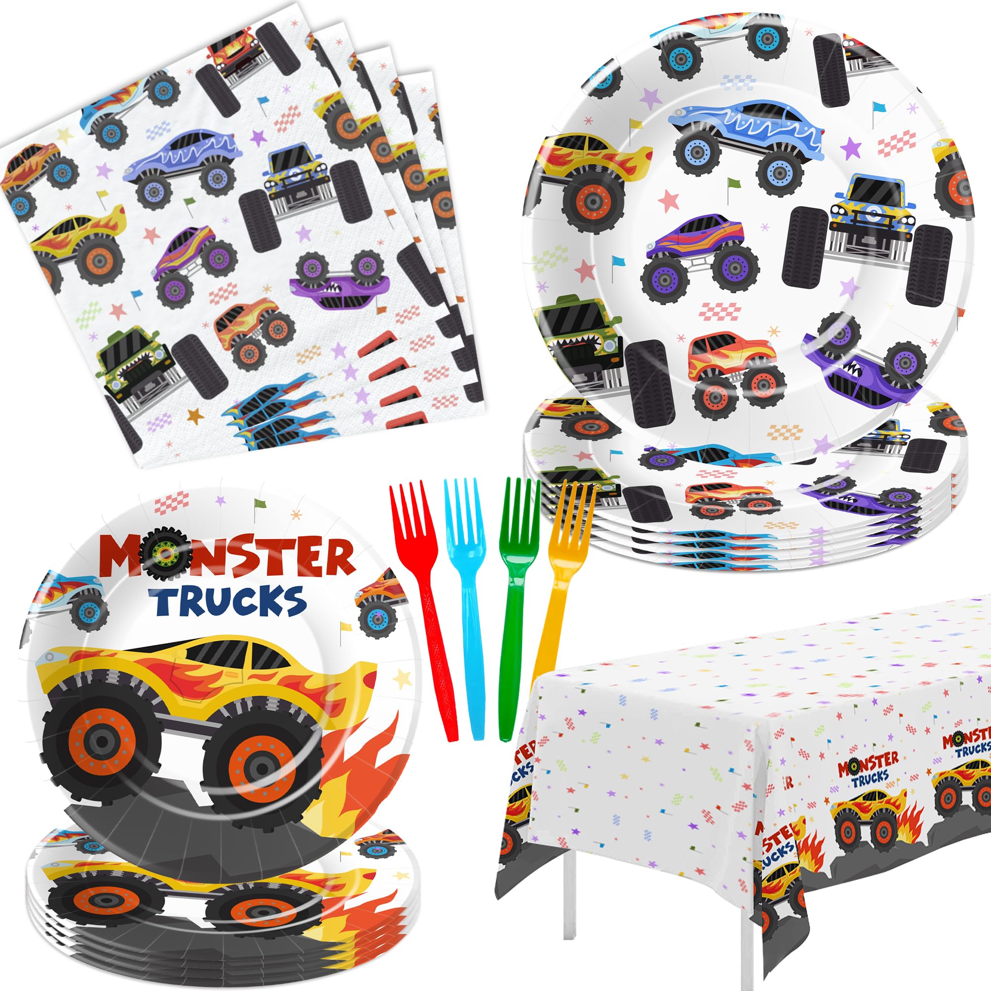 Monster Truck Birthday Party Supplies Set - 24-Piece Tableware Kit with Plates, Napkins, Tablecloth & Forks for Kids' Monster Jam Themed Party Decorations | Perfect for Birthday Celebrations, Themed Events & Kids' Dinner Parties