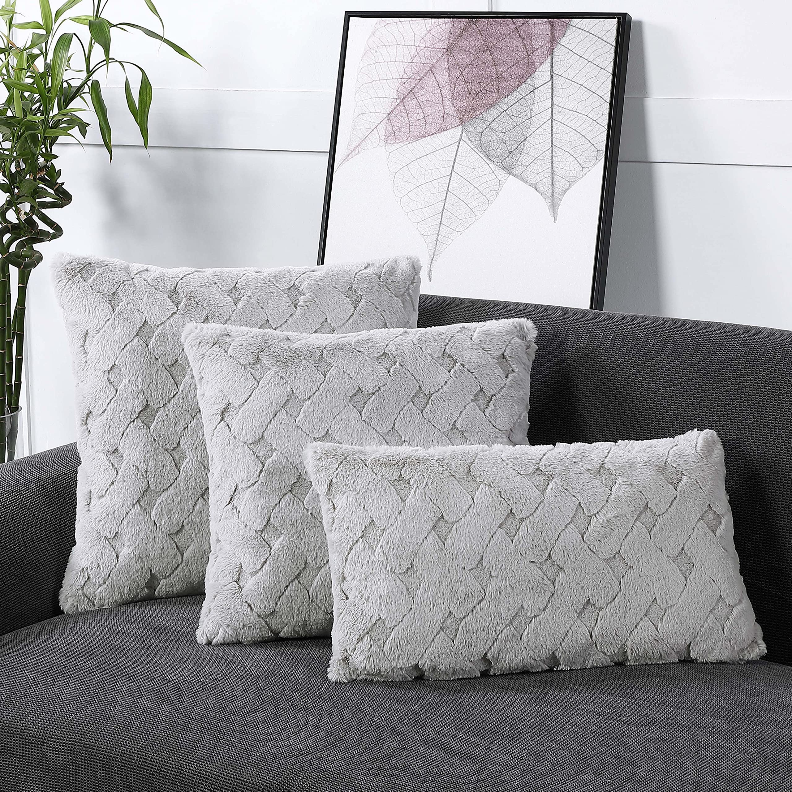 Mary Hatch Light Gray Faux Fur Throw Pillow Covers 20x20 Inch - Ultra Soft Luxury Decorative Cushion Covers for Bed, Sofa & Couch - Boho Chic Textured Fluffy Pillowcases (Set of 2) - Perfect for Home Decor, Living Room Accents & Cozy Winter Nights