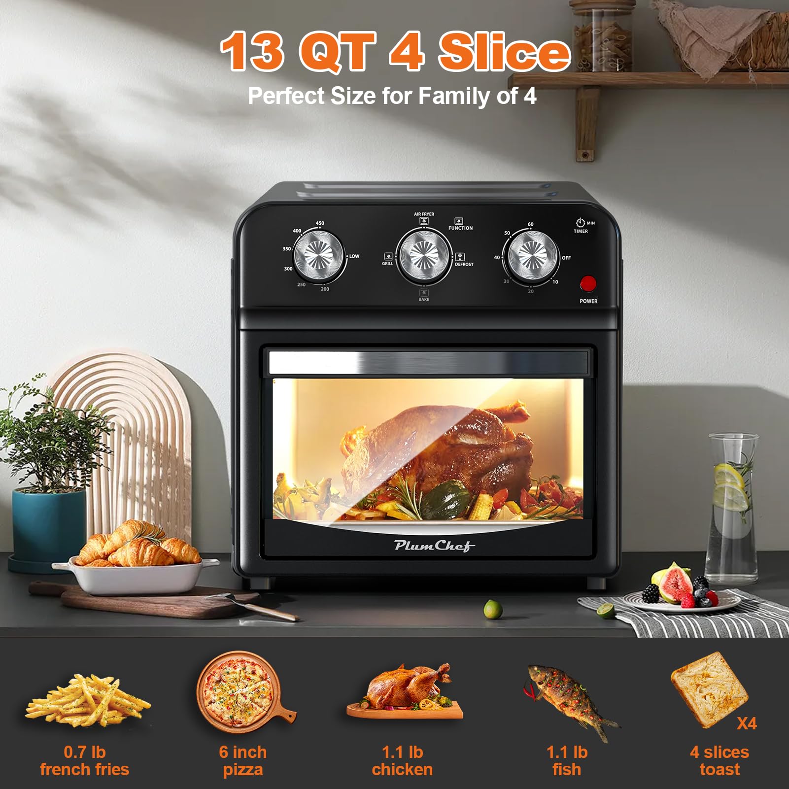 PlumChef 13 Quart 4-Slice Air Fryer Toaster Oven - 1500W 7-in-1 Multifunction Countertop Appliance for Roasting, Baking, Grilling, Broiling, Toasting, Dehydrating & Defrosting (Dark Black) - Perfect for Small Kitchens, Dorms & Quick Healthy Meals