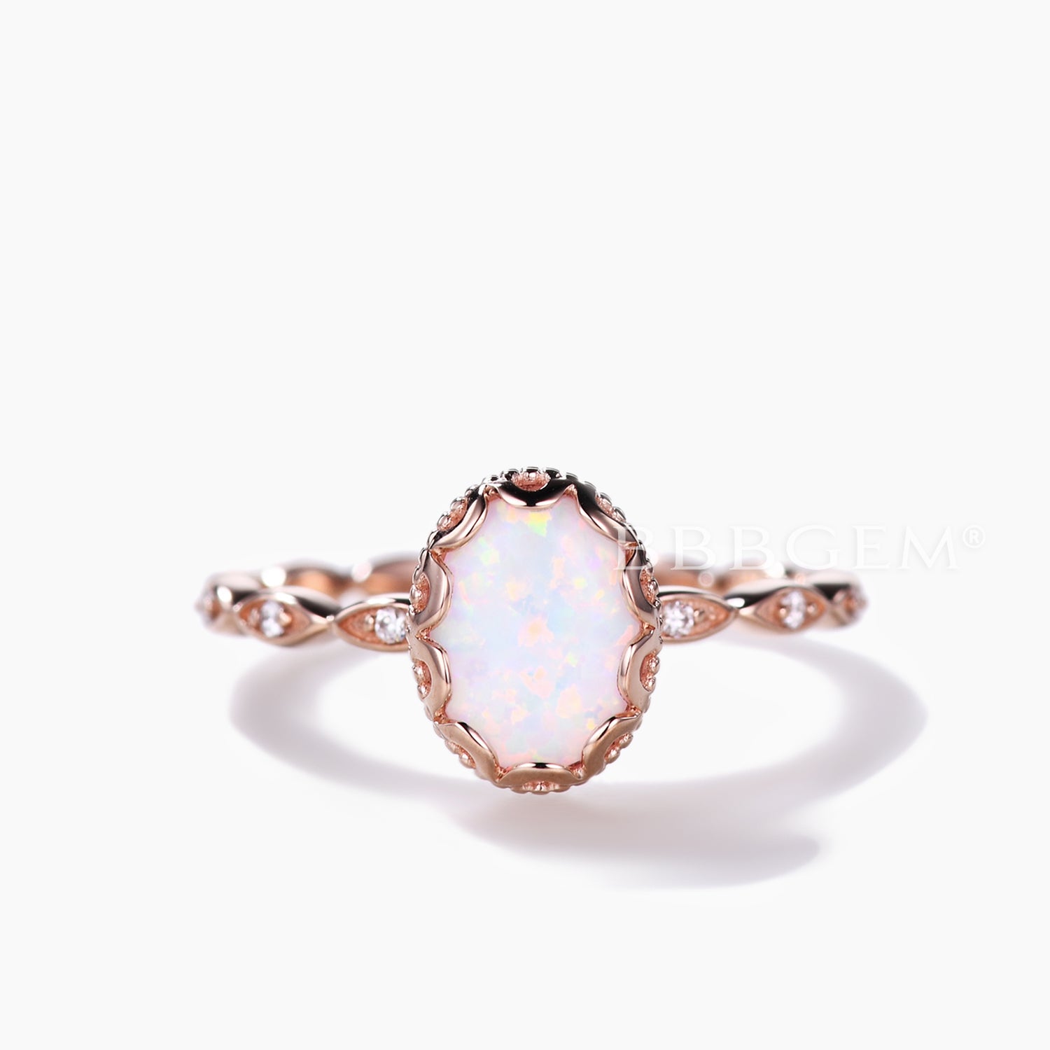 Filigree White Opal Bridal Ring - Rose Gold Full Eternity Band for Wedding, Anniversary & October Birthstone Gift - Perfect for Engagement, Bridal Shower & Romantic Occasions