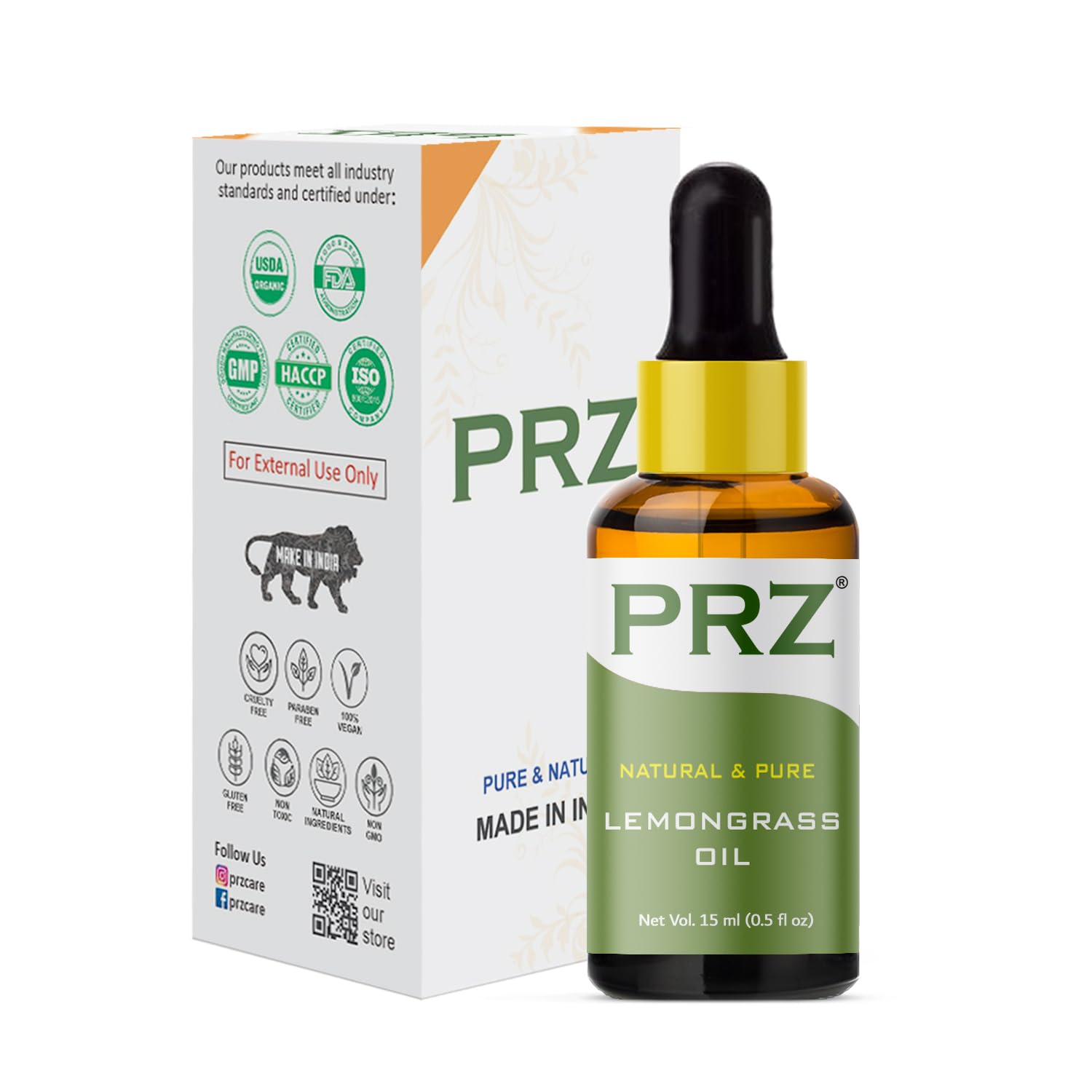 PRZ Lemongrass Essential Oil - 100% Pure Natural Therapeutic Grade for Aromatherapy, Massage, Skin & Hair Care (15ml) - Perfect for Relaxation, Stress Relief & DIY Beauty Products