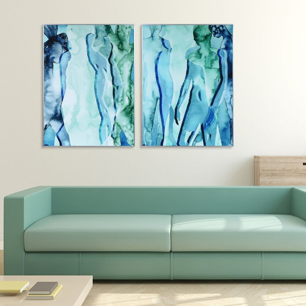 Abstract Blue & Green Silhouette Wall Art - Framed in Silver Anodized Aluminum with Glass Cover - Perfect for Living Room, Bedroom & Office Decor