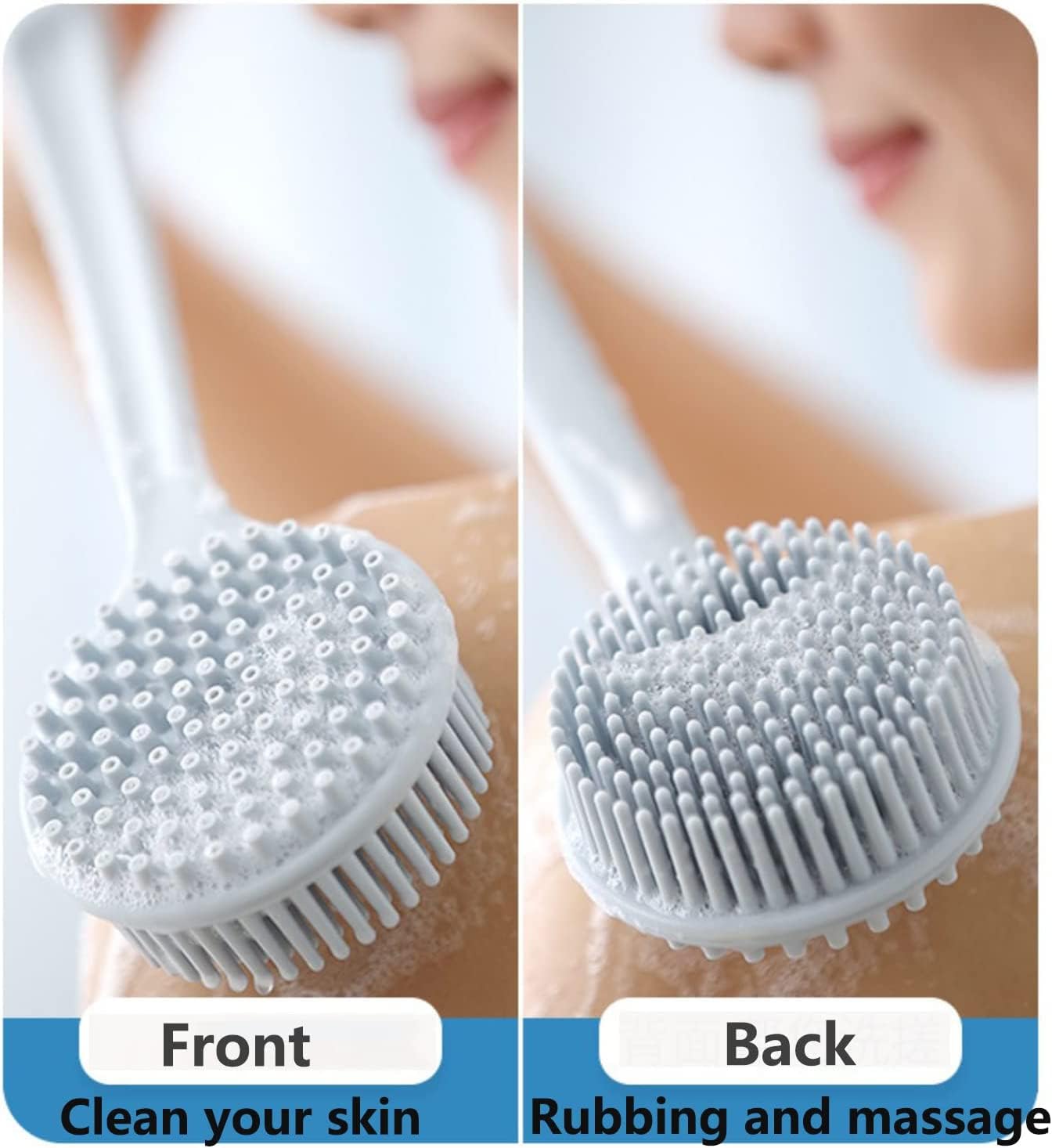 Double-Sided Silicone Back Scrubber with Long Handle - Exfoliating Body Brush for Shower & Bath Massage - Skin Care & Deep Cleansing - Perfect for Exfoliation & Relaxation (Blue, 1 Pack)
