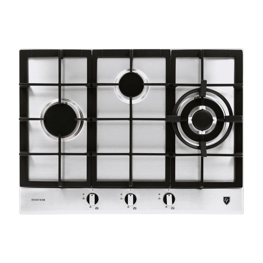 EFH3761TNVSB 68cm 3 Burner Gas Hob - High Efficiency Stainless Steel Cooktop for Home Kitchen, Perfect for Boiling, Frying & Simmering