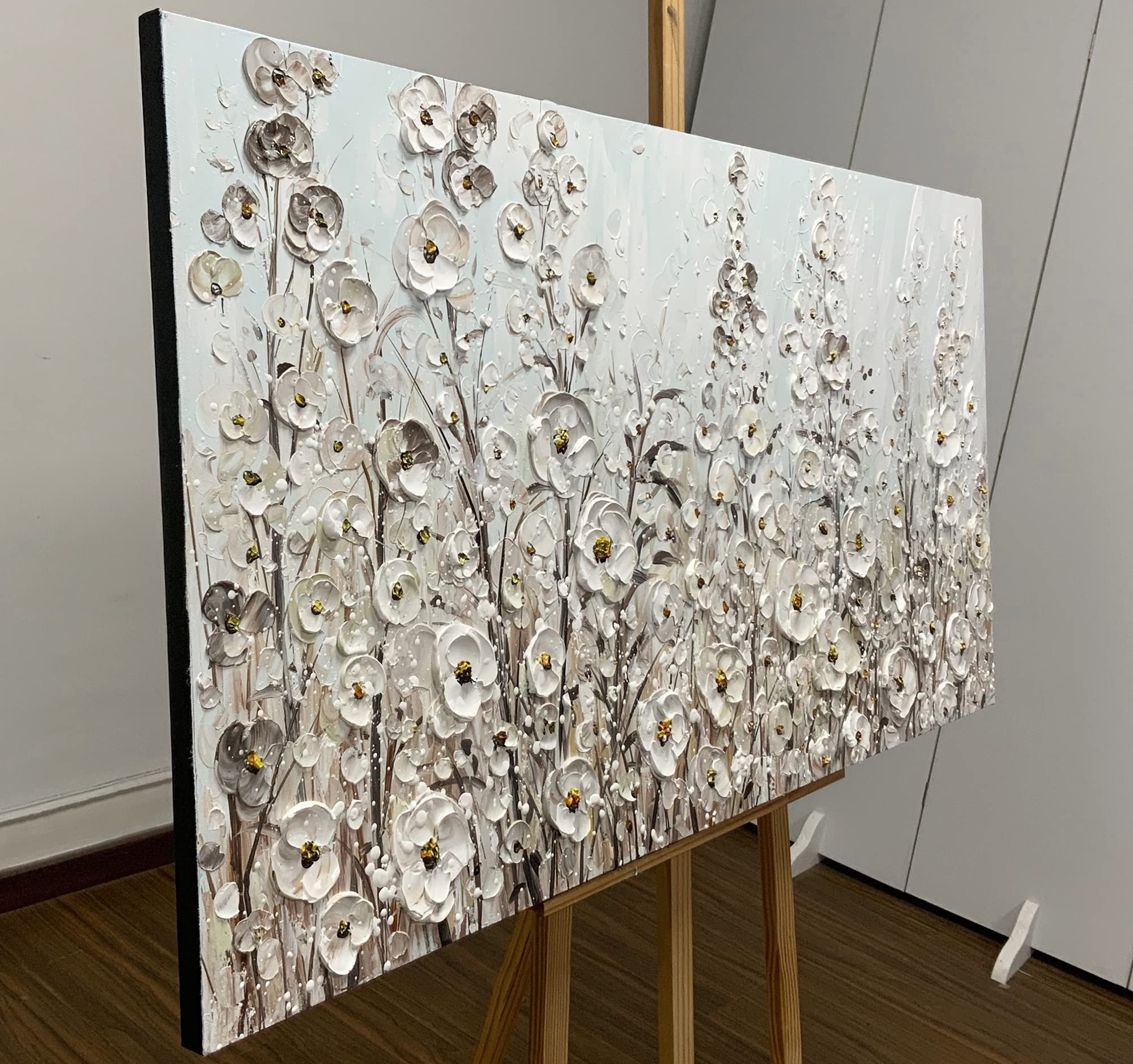 Yotree 24x48 Inch Hand-Painted White Flowers Oil Painting on Canvas - Framed Modern Floral Wall Art for Living Room & Bedroom Decor - Ready to Hang Gallery Wrapped Artwork - Perfect for Home, Office & Wedding Gift