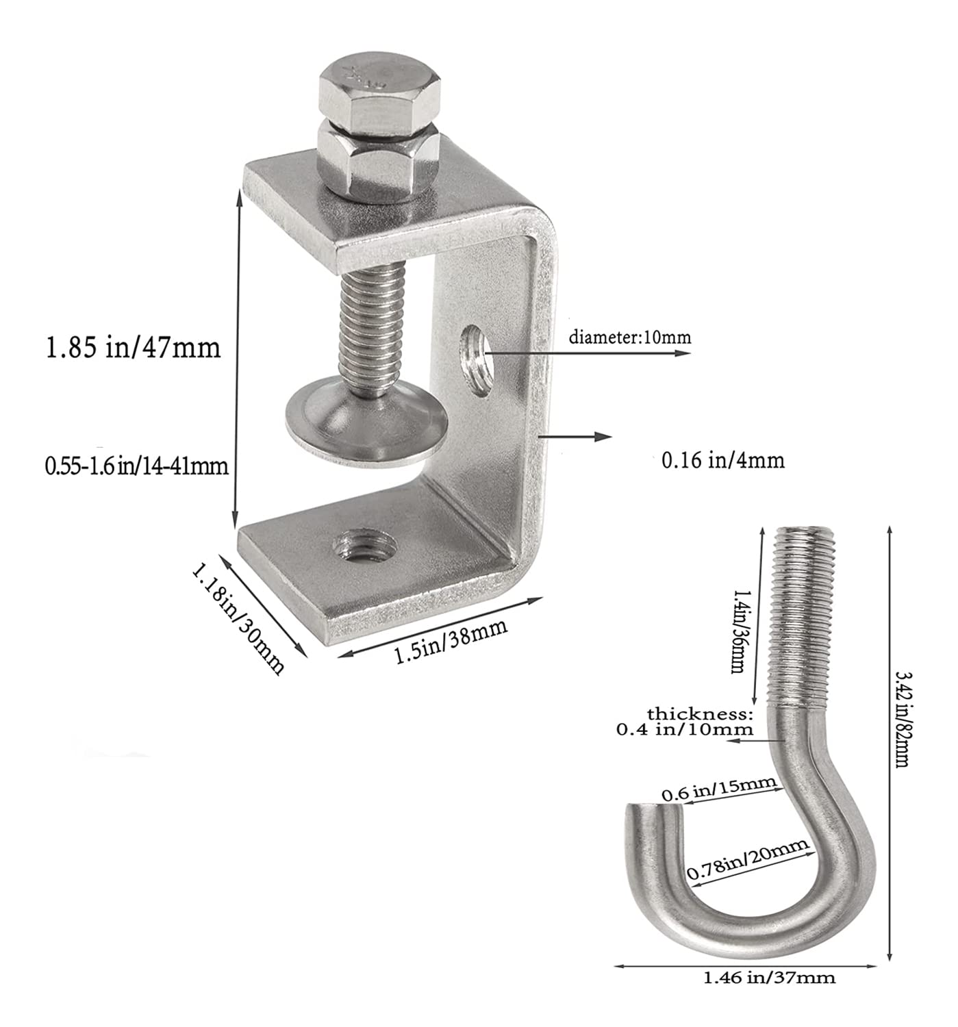 Heavy Duty Stainless Steel C Clamps (2 Pack) - 1.85 Inch Metal Hanging Hooks with Threaded Screw & Protective Pads for DIY, Woodworking, and Home Organization Projects