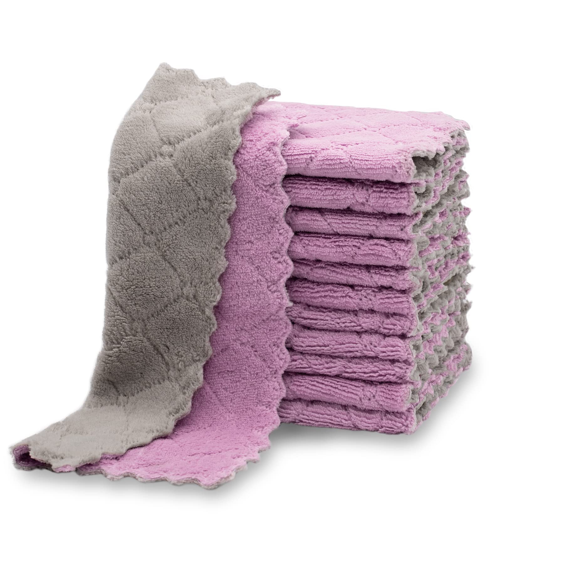 Kimteny 12 Pack Premium Absorbent Coral Velvet Dish Towels - Super Soft Nonstick Kitchen Cloths, Fast Drying & Washable (Purple-Grey) for Dishes, Countertops & Household Cleaning