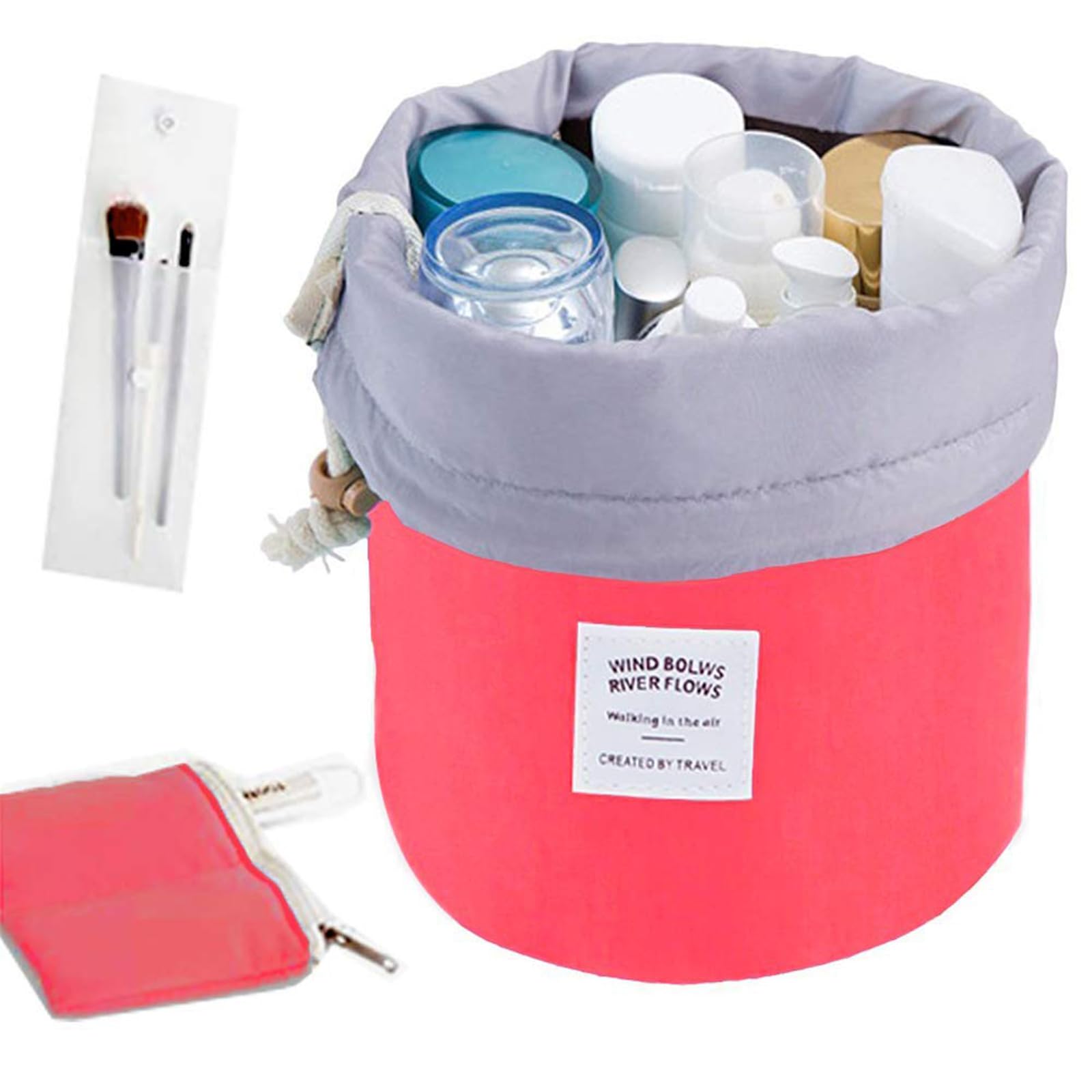 INVODA Large Waterproof Travel Makeup Bag for Women - Barrel Shaped Cosmetic Organizer with Drawstring, Soft Portable Toiletry Bag for Makeup Brushes & Essentials (Red) - Perfect for Vacation, Gym & Daily Use